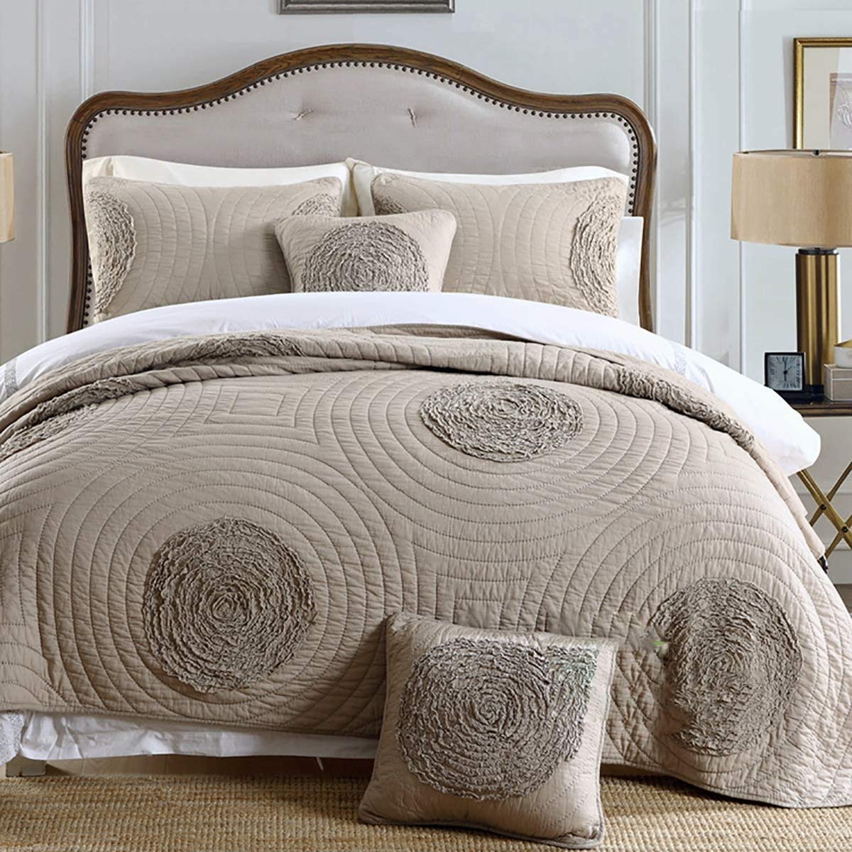 MiDuoHU Quilted Bedspread Coverlet Washable Solid Color Embossed & Reversible Quilt Bed Cover with 2 Pillowcases 100% Cotton(Champagne,230x250cm)