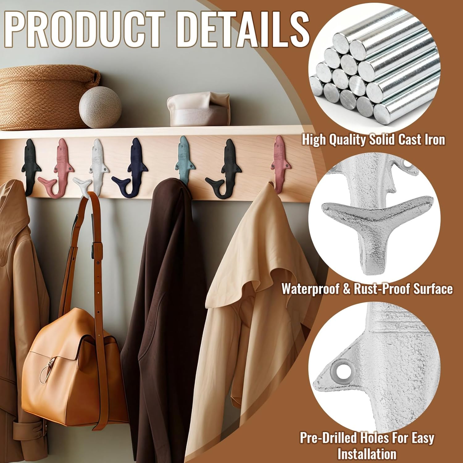 Duraaamo 6 Pcs Nautical Shark Tail Wall Hooks for Hats Coastal 6 Cast Iron Fish Hooks for Towel Coat Bags Hanging Decor High Coastal-Themed interiors 5.25 Inches with Screw Set - Image 4