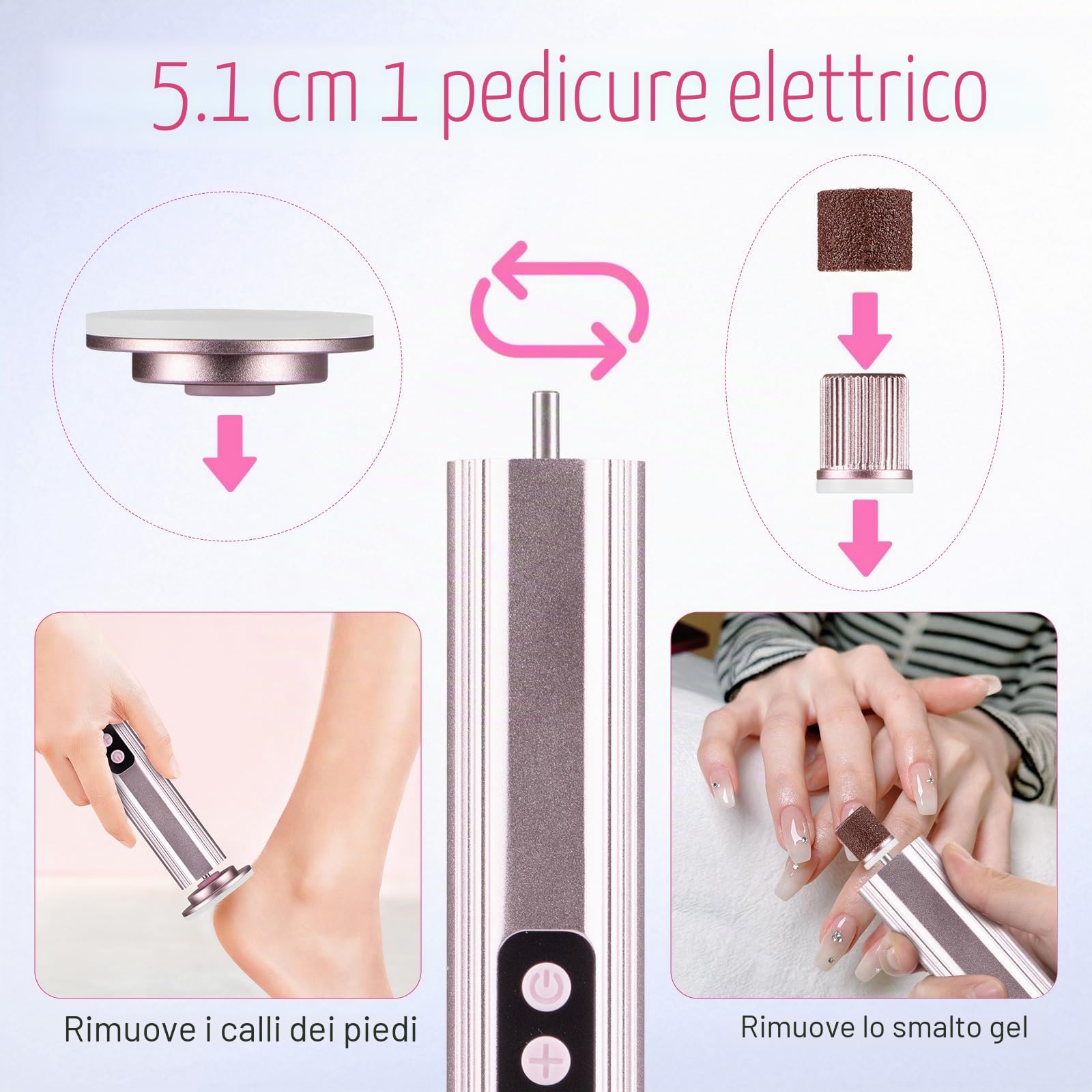 2 in 1 Lima Piedi Elettrica senza Fili 2600 mAh, Togli Calli Piedi 9 Velocità Regolabili 2 Testine in ​​Nano-vetro, Pedicure Elettrico Professionale Leviga Talloni, Rosa