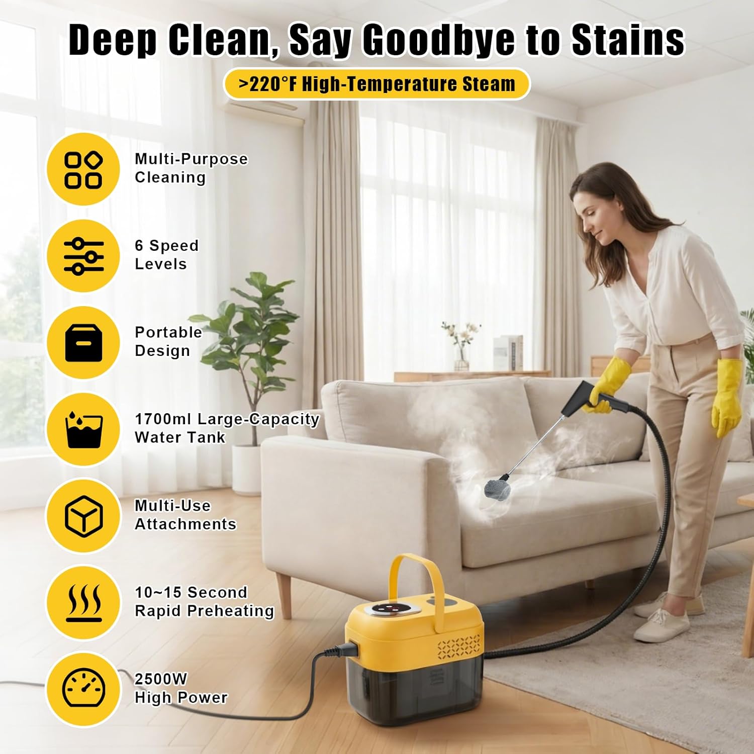 DXD Handheld Steam Cleaner,New Generation 2500W High Pressure Steam Cleaner for Home,1700ML Large Tank Portable Steamer for Cleaning,10s Rapid Heating,21pcs Accessories,for Car,Home Grease Detailing - Image 2