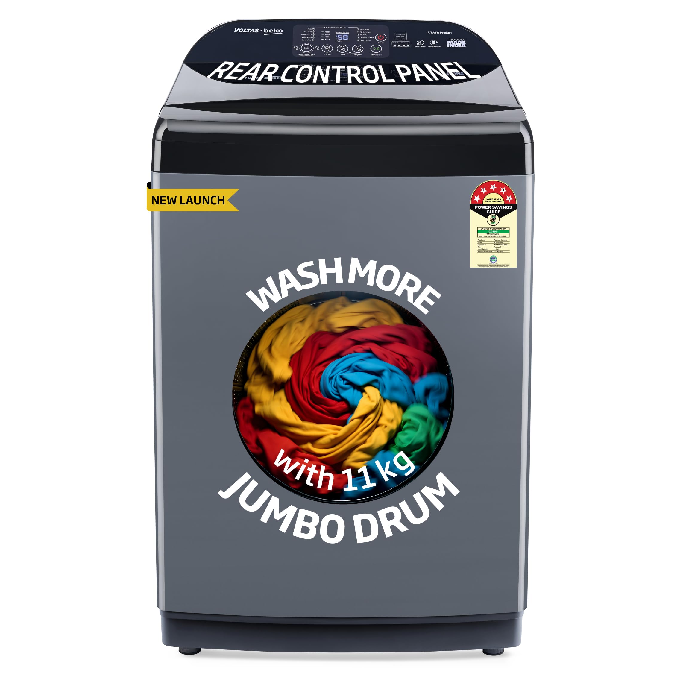 Voltas Beko, A Tata Product 11 Kg 5 Star Fully-Automatic Top Loading Washing Machine (WTL1106UEA / OBS1060, Grey, Double Waterfall Technology)