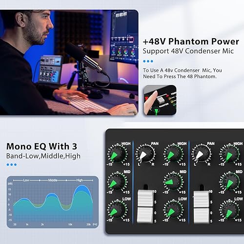 Miniatura 6 de Mezclador de audio profesional con interfaz mezclador de sonido con mezclador USB de 4 canales, mezclador DJ, conector MP3, fuente de alimentación