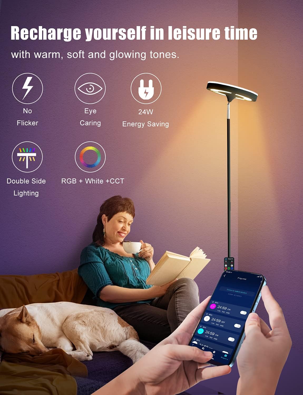 Keepsmile Floor Lamp with Remote Smart App 24W 2000LM Bright Tall Standing RGB Floor Lamp Angle Multicolor Dimmable Modern Floor Lamps for Living Room Bedroom Office
