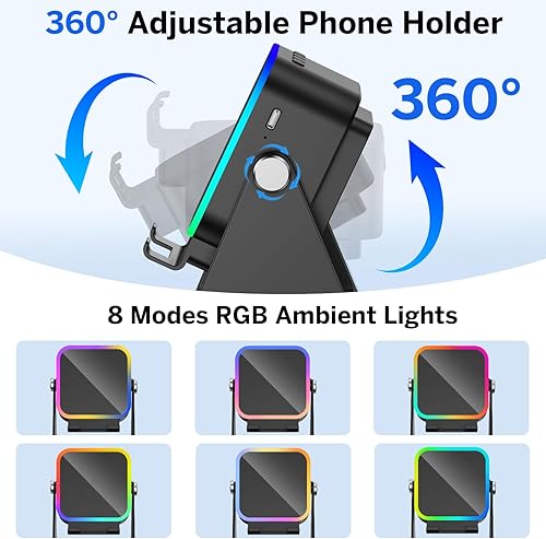 Miniatura 6 de Altavoz de inducción inalámbrico 5 en 1 Bluetooth con soporte para teléfono, sonido estéreo, recargable de 3500 mAh, luz ambiental 8 RGB, soporte