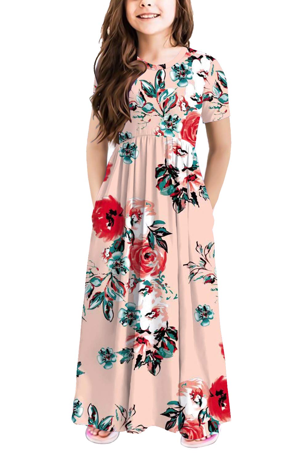 storeofbaby Girls Dress Kids Short Sleeve Casual Loose Fit Maxi Dresses with Pockets