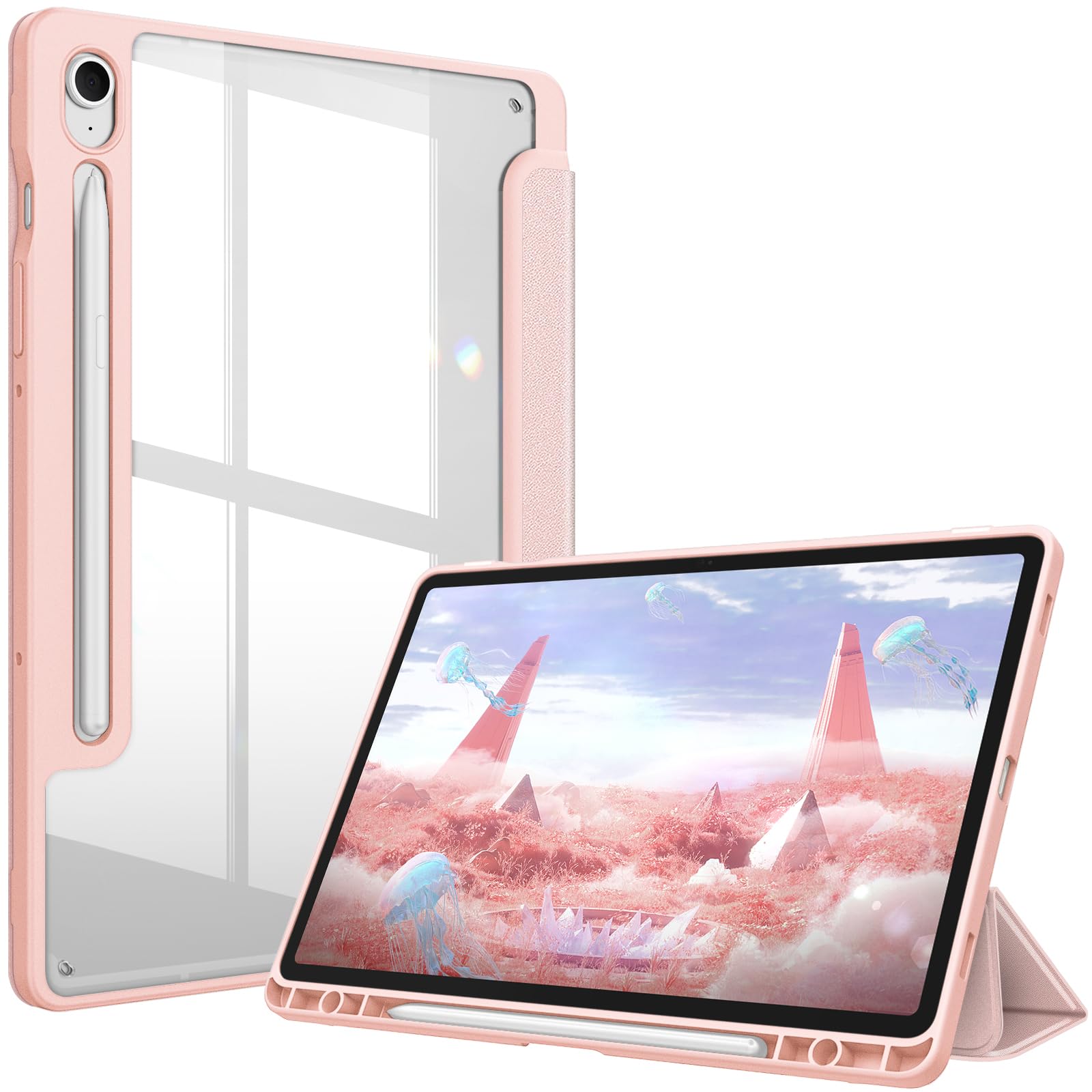 Fintie Hybrid Slim Case for Samsung Galaxy Tab S10 FE/ S9 FE 5G 10.9 Inch/Tab S9 11 Inch with S Pen Holder, Shockproof Cover with Clear Transparent Back Shell, Auto Wake/Sleep, Rose Gold
