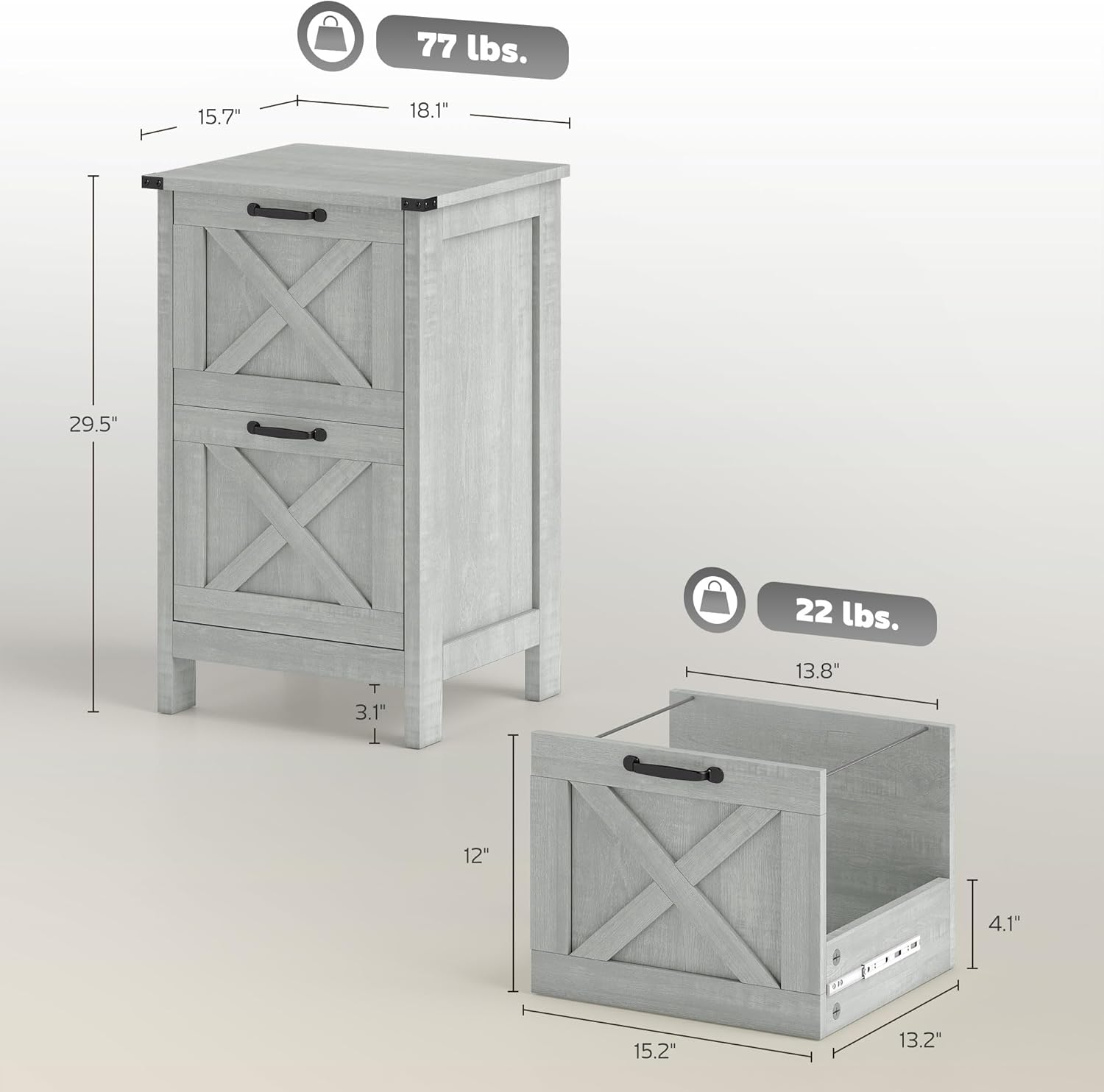 Diagram showing the dimensions of the HOMCOM 2 Drawer Vertical File Cabinet: 15.7 inches deep, 18.1 inches wide, 29.5 inches high, with a weight capacity of 77 lbs.