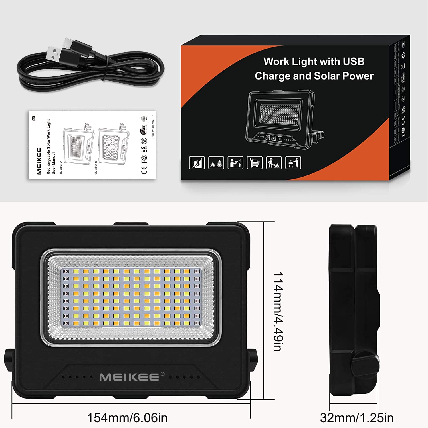 MEIKEE Projecteur LED Rechargeable, Lampe de Chantier Portable de Batterie Rechargeable 12000mAh, 4 Modes, 5 Luminosités, 2 Aimants, Lampe de Travail pour Pêche Camping Garage Atelier