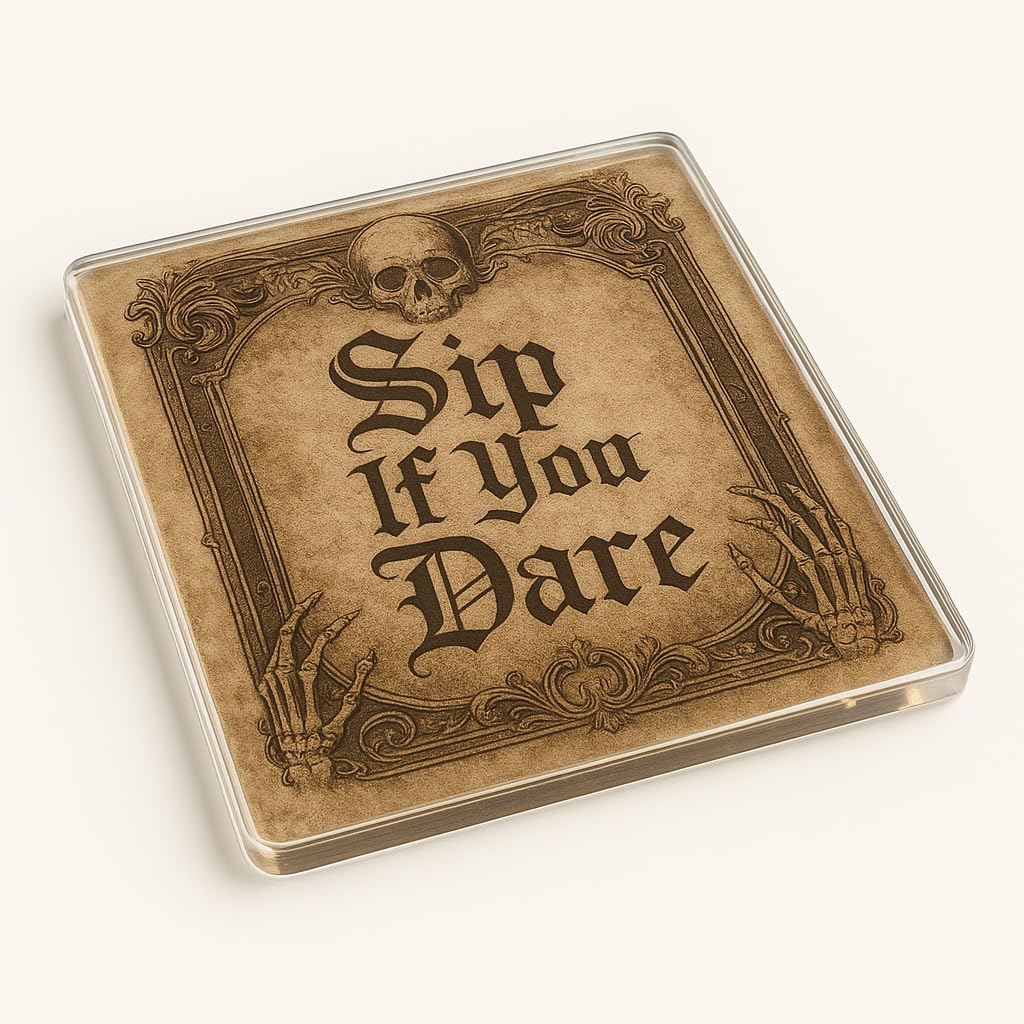 The Plum Penguin Gothic Sip Elegance Acrylic Coaster Gift For Halloween - Vintage Sepia Design With Ornate Frames And Gothic Script
