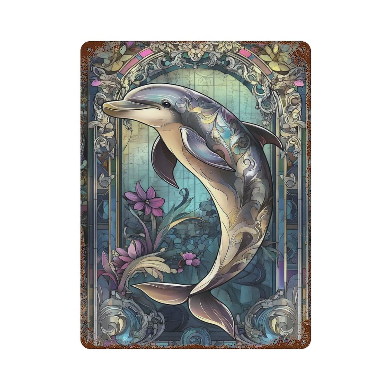 Dolphin Rusty Metal Tin Sign 15.7"x11.8", Ideal for Farmhouse, Kitchen And Entryway Decor