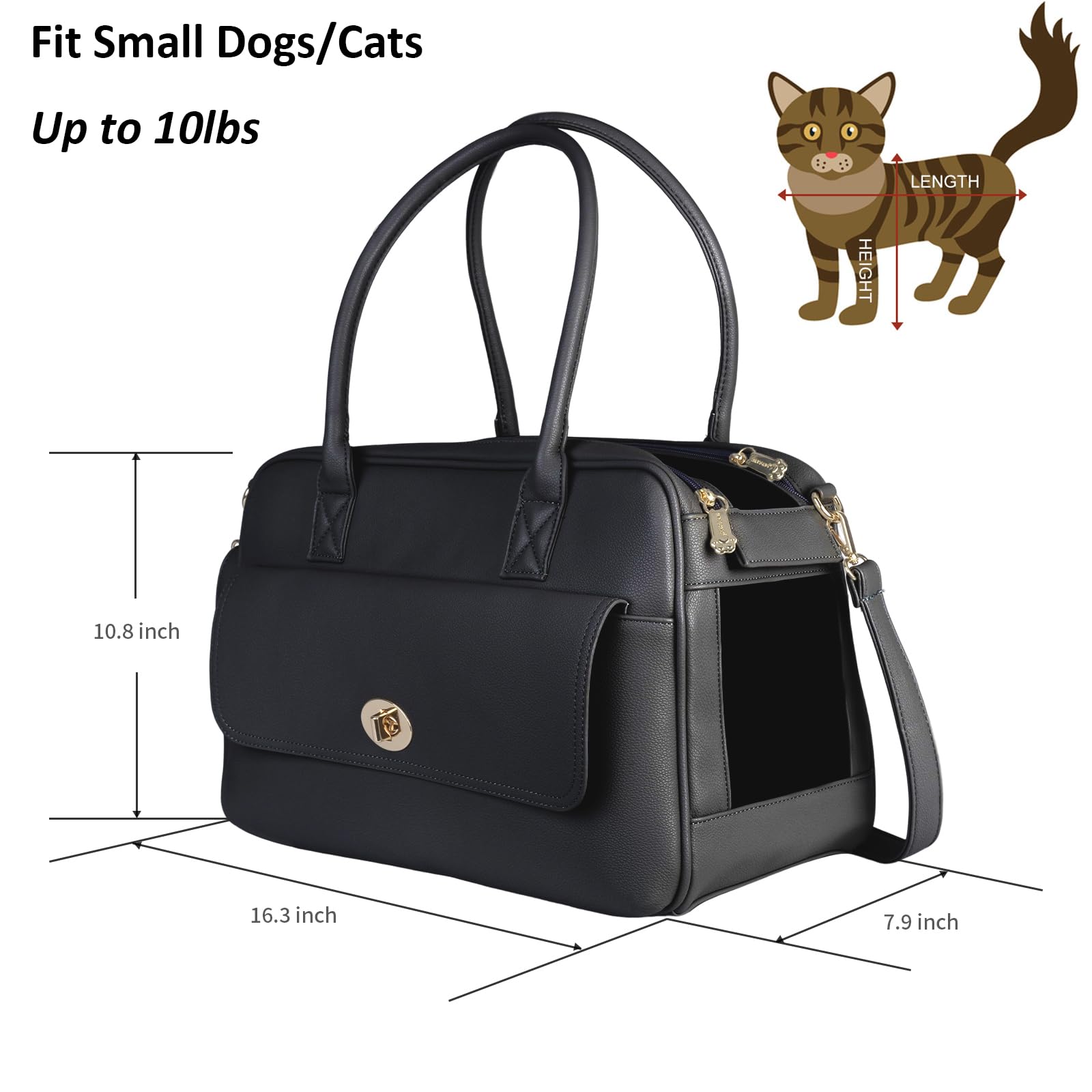 Fashion Pet Carrier Dog Purse Carrier Cat Soft Side Carriers for Puppy Kitten, Stylish Leather Handbag Tote Travel Pet Bag for Small Dogs Cats, TSA-Airline-Approved (Black)