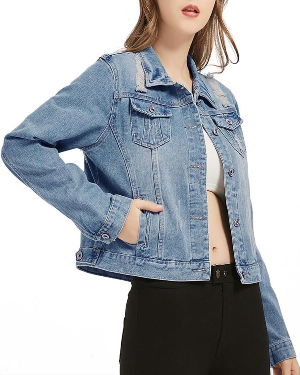 Fesky Women's Denim Jacket Casual Ripped Button Up Cropped Distressed Jean Jacket Vintage Blue Trucker Jacket Long Sleeve