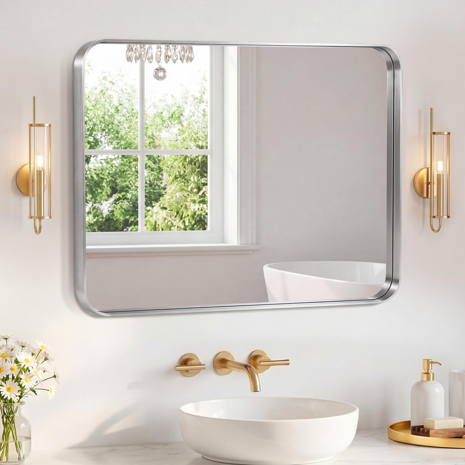 Sweetcrispy Bathroom Mirror 36x32 Inch, Vanity Mirror for Wall