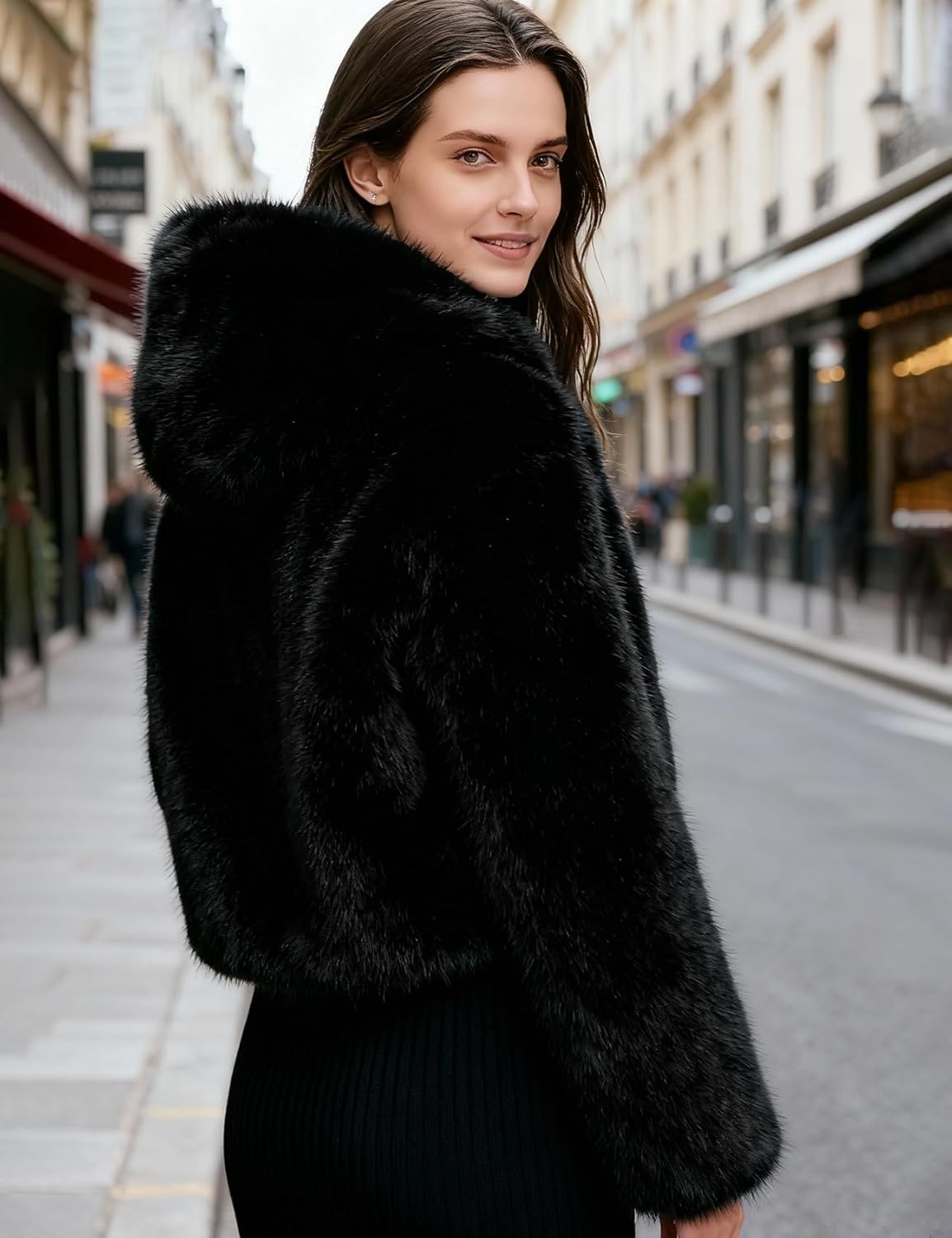 Flygo Womens Faux Fur Coat Cropped Fluffy Hooded Winter Jackets Zip Up Open Front Fuzzy Short Shaggy Warm Coats with Pockets - Image 4