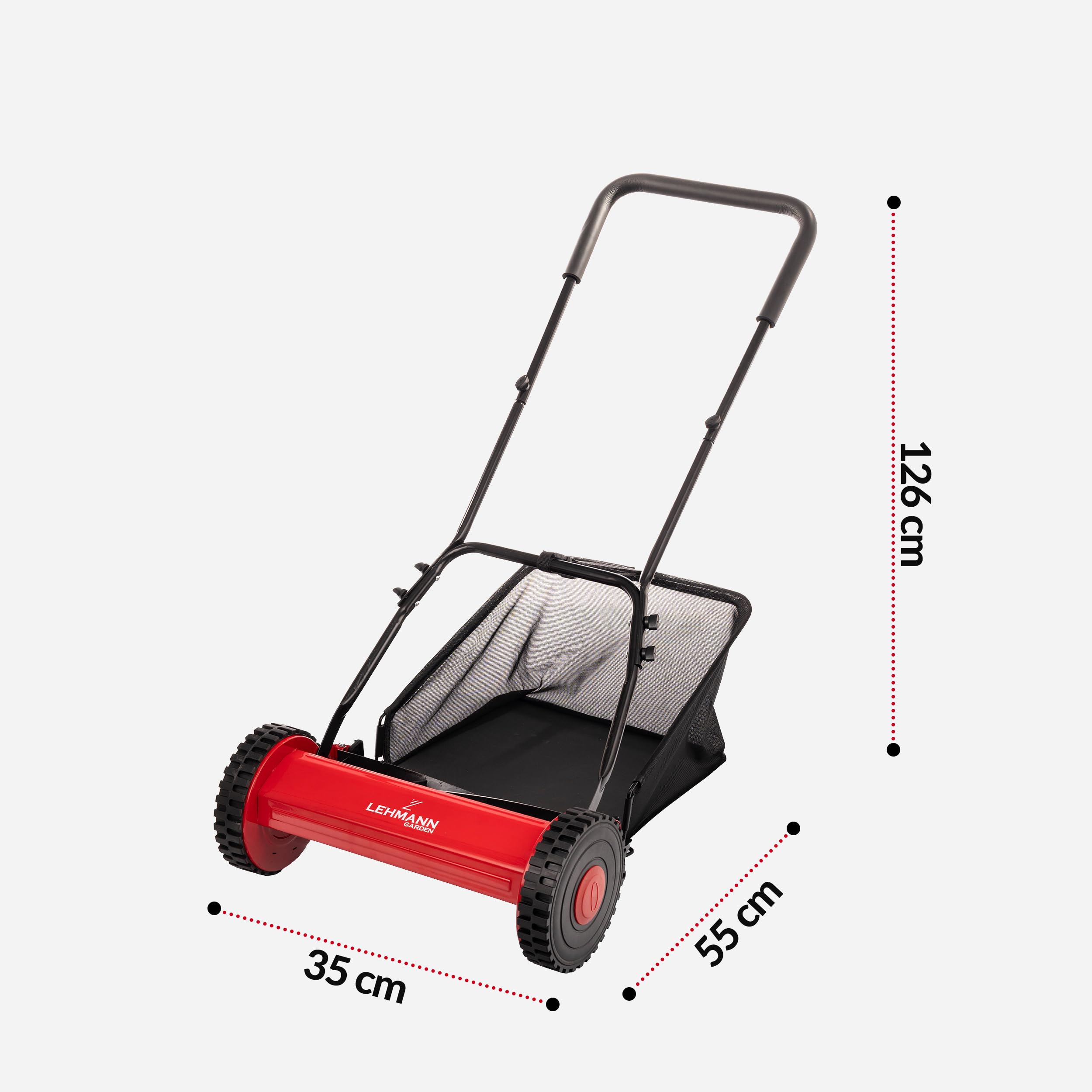 LEHMANN Tondeuse Hélicoïdale 40 cm avec bac 15 L – Tondeuse Manuelle pour pelouse sans électricité, mécanique avec 5 Lames, Hauteur de Coupe réglable 15–43 mm, poignée Pliable
