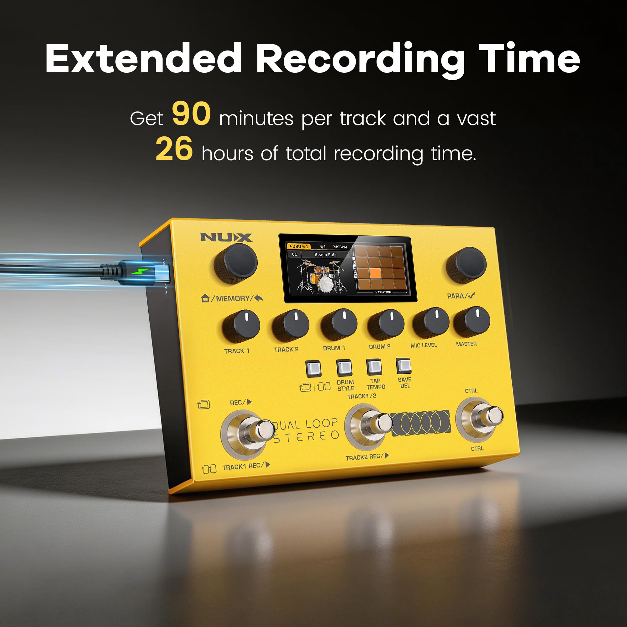 NUX Dual Loop Stereo Looper Pedal, Dual-Track Looper, Gitarrenpedal für E-Gitarre, 4 Effekte, 42 Rhythmus-Presets mit 672 Rhythmus-Variationen, 26 Stunden Aufnahmezeit, 99 Phrasenspeicher