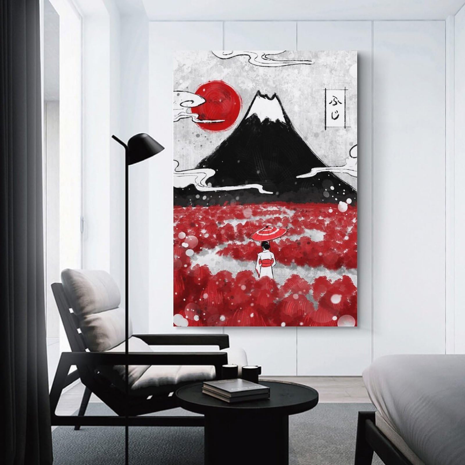 Junmoney Mount Fuji And Red Flowers Room Decor Wall Art 24x36inch(60x90cm), for Entrance Spaces, Stair Walls Or Halls, A Neat Decor Update for Hallways