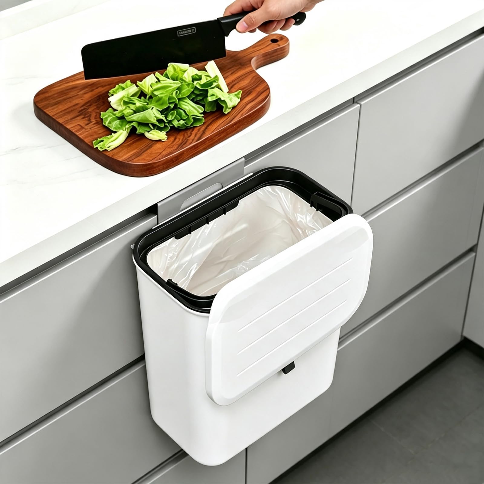 Kitchen Compost Bin, 9 L Hanging Trash Can with Lid, Small Kitchen Counter Bin for Countertop or Under Sink, Indoor Food Waste Caddy for Kitchens Bathrooms Living Rooms RVs Bedroom White