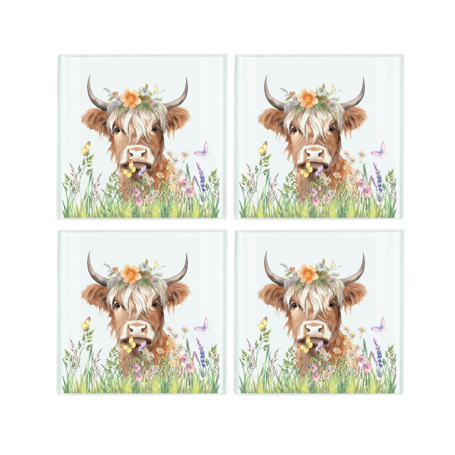 Purely Home Highland Cow Coaster Set - Square Glass Flower Crown Cow Animal Design - Set Of Four (4) Coasters