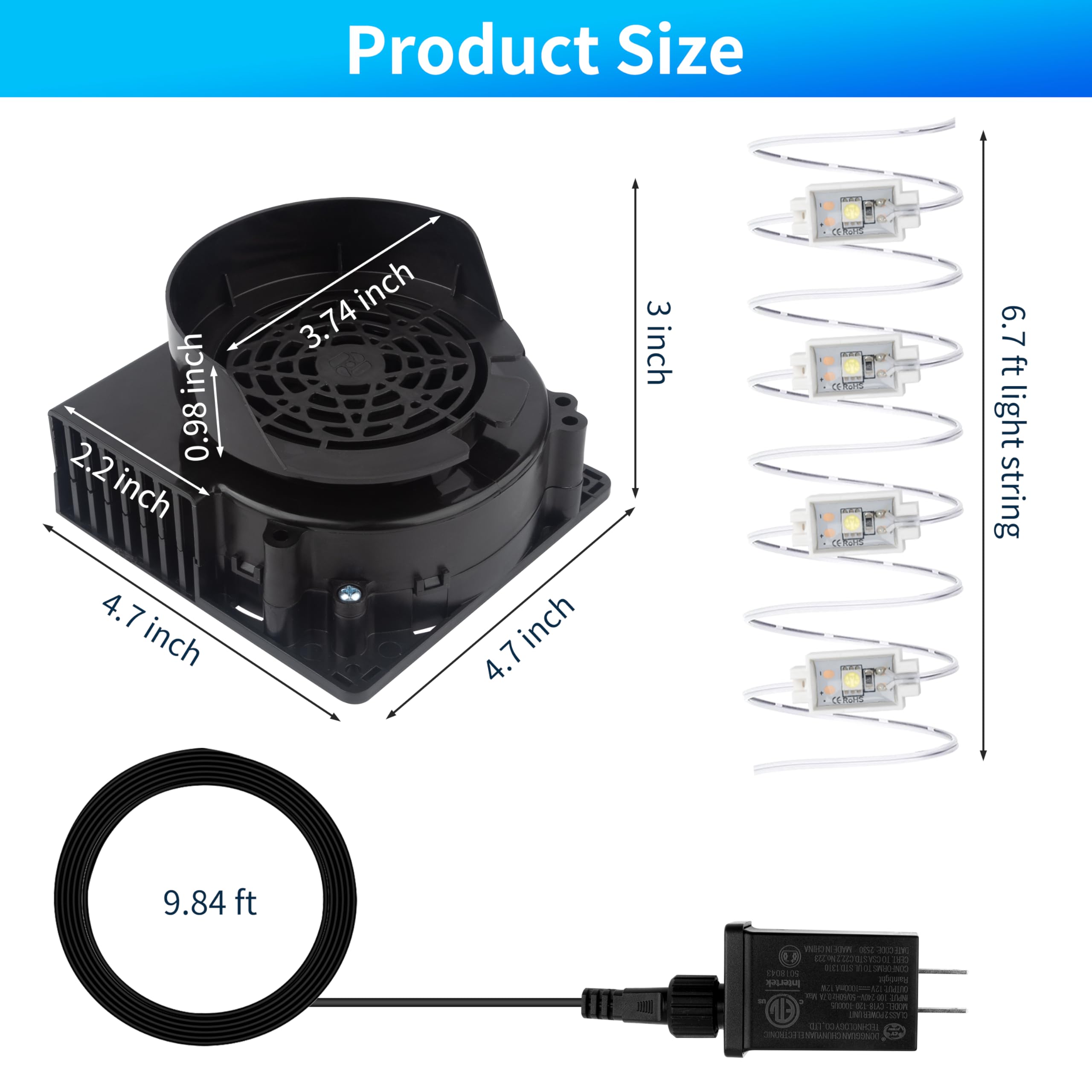 Nadmuchiwany mini wentylator z 4 diodami LED, wodoodporny wentylator 3100 (obr./min), do dekoracji nadmuchiwanych 1,9-2,7 m, Halloween, Boże Narodzenie, Wielkanoc, podwórze
