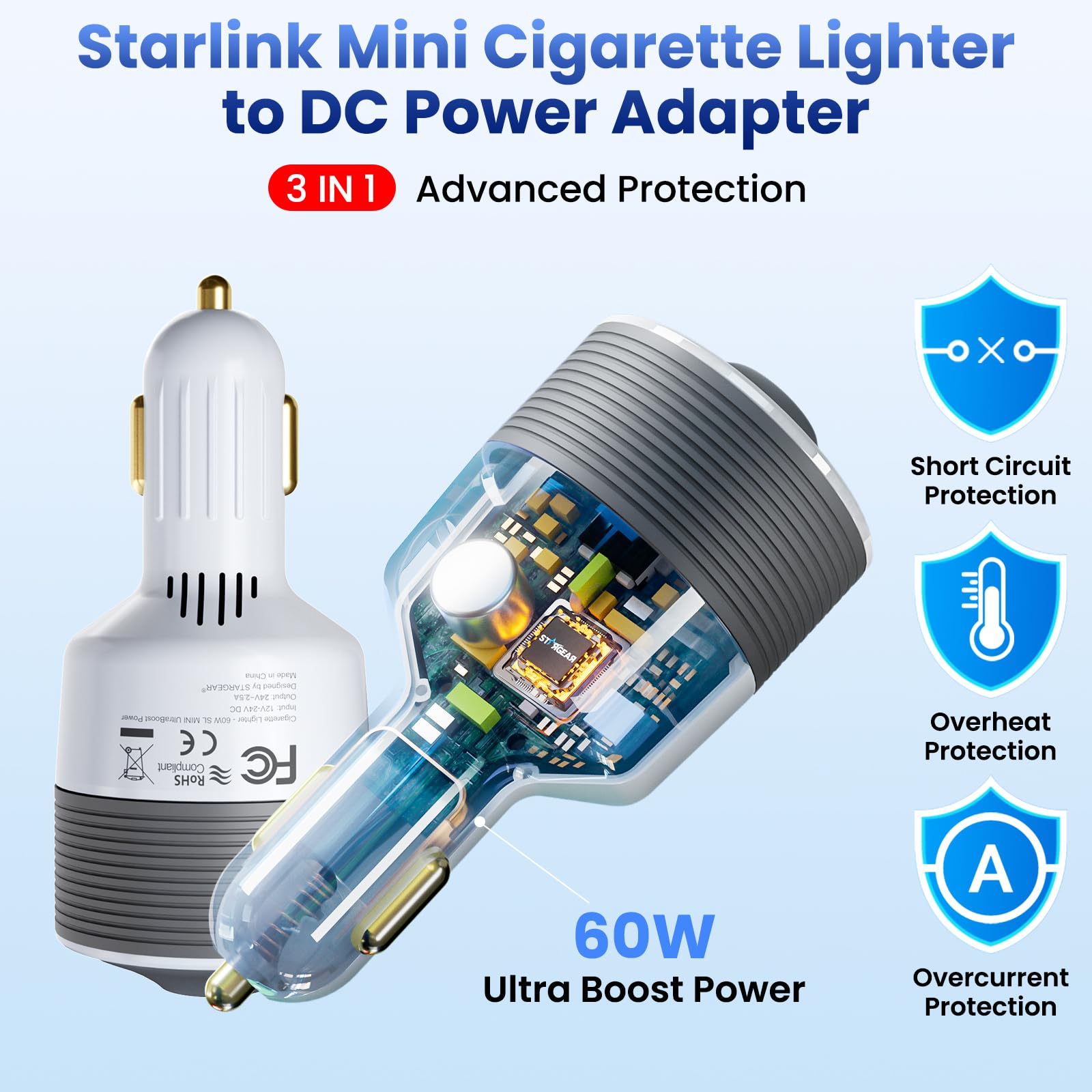 Starlink, mini adattatore per auto da 12 V a 24 V CC, convertitore step up con adattatore per accendisigari da 60 W, adattatori Starlink mini 12 V, supporta 16 AWG 30 m, ideale per camper
