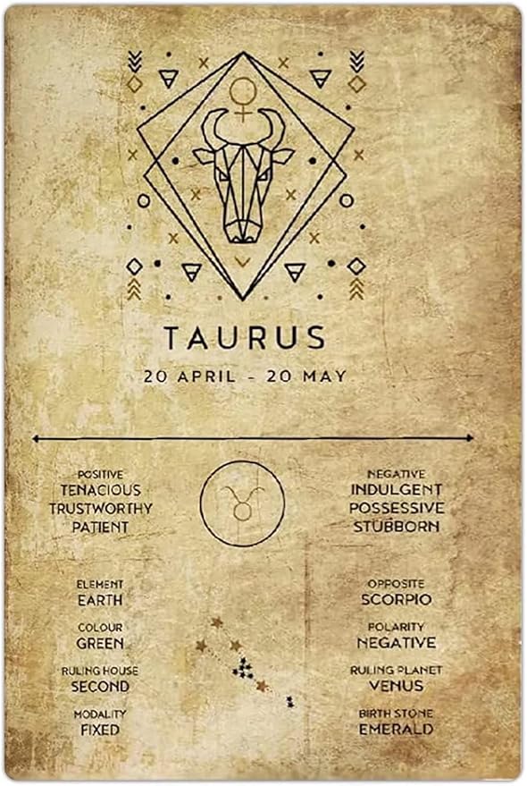 Taurus Retro Metal Signs Taurus Infographic Guide Tin Posters Zodiac Signs Plaque Decoration Astrology Lovers Home Room Club Wall Decor 8x12 Inches