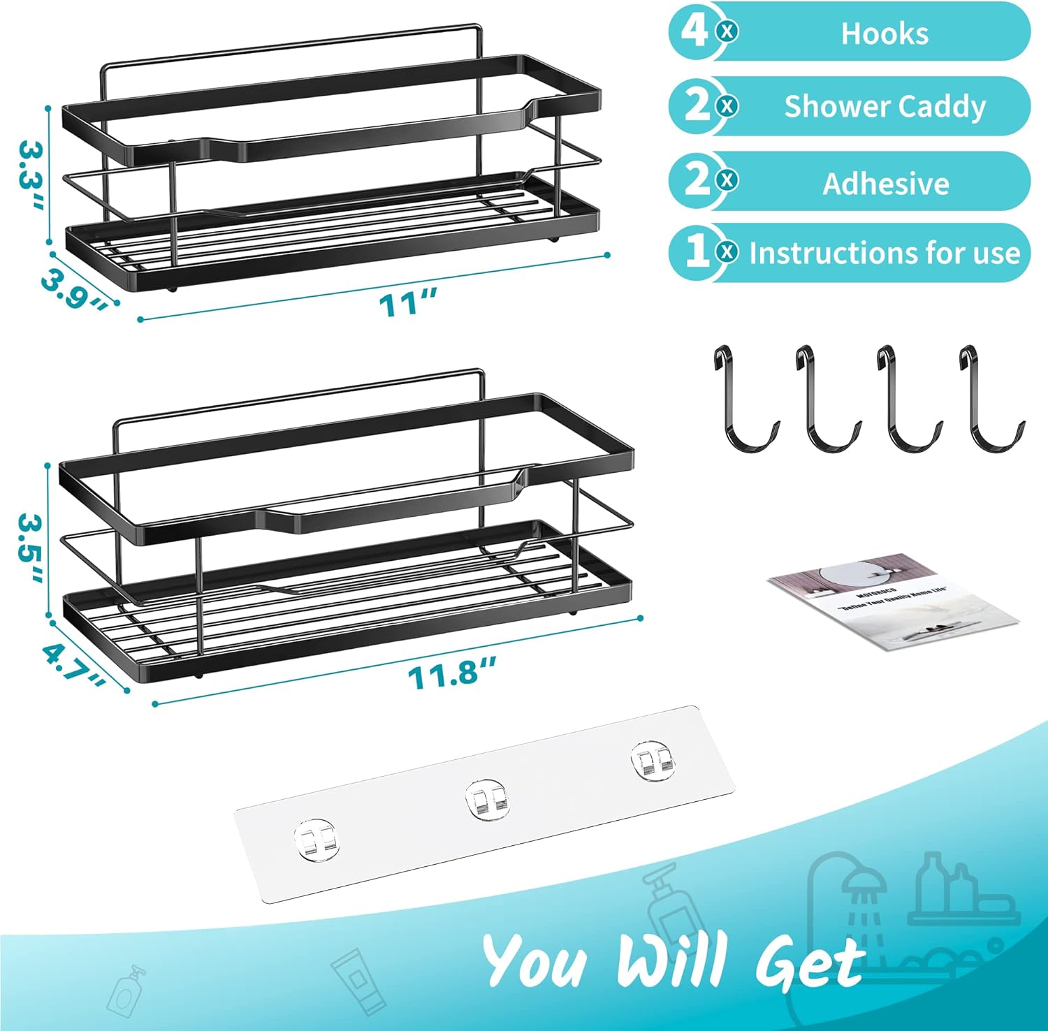 Moforoco Adhesive Shower Caddy Organizer, Hanging Suction Black Shower Shelves Rack, Inside Shower Holder, Bathroom Decor Organization Storage Accessories Gadgets, Home Household Essentials : Home & Kitchen