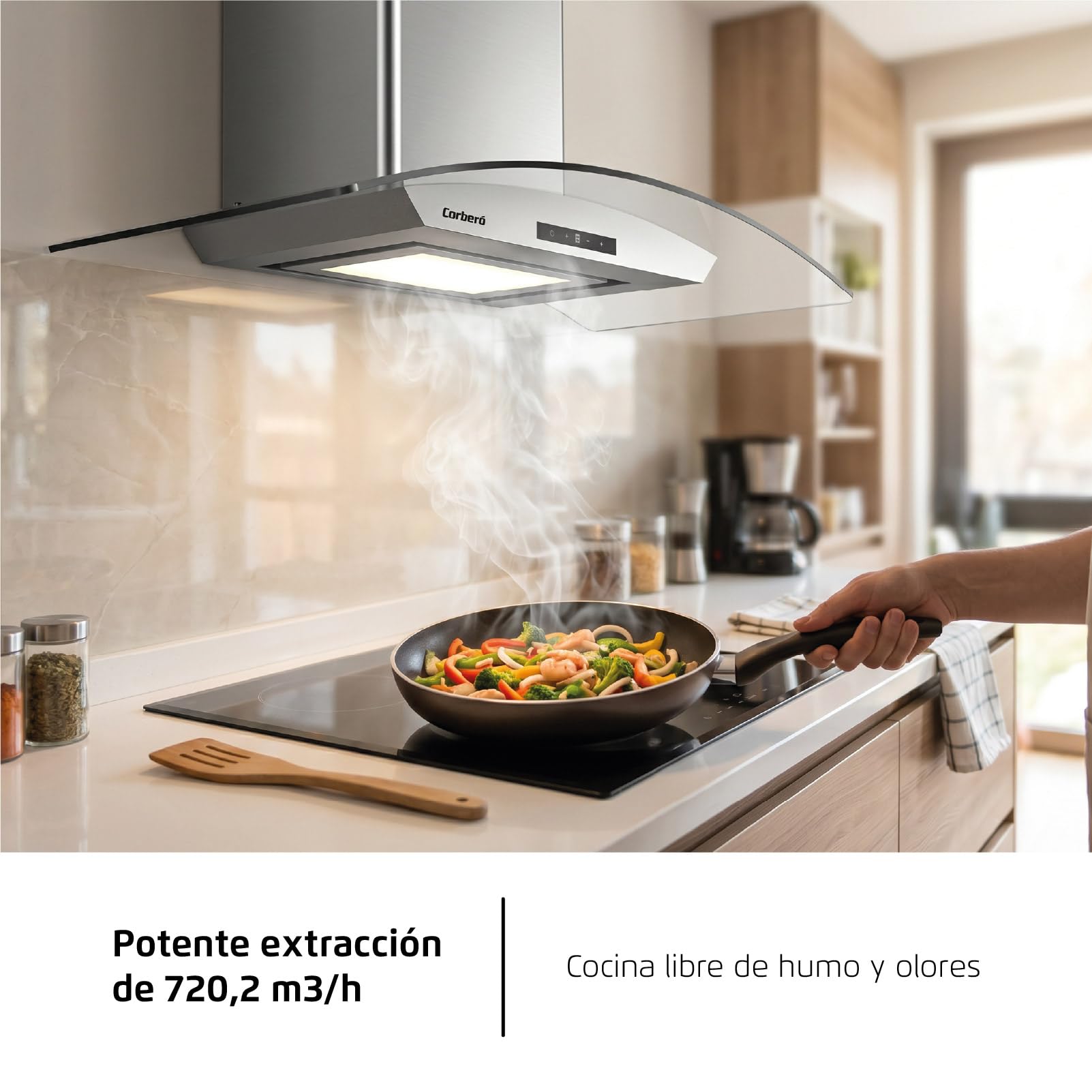Corbero - Campana Extractora Horizontal 90cm | FUJI975XGLASS | 720.2 m3/h| 67db| 235W | 4 Velocidades | Control Touch| Panel LED| Filtro Aluminio + Filtro Carbón | Acero Inoxidable-Cristal
