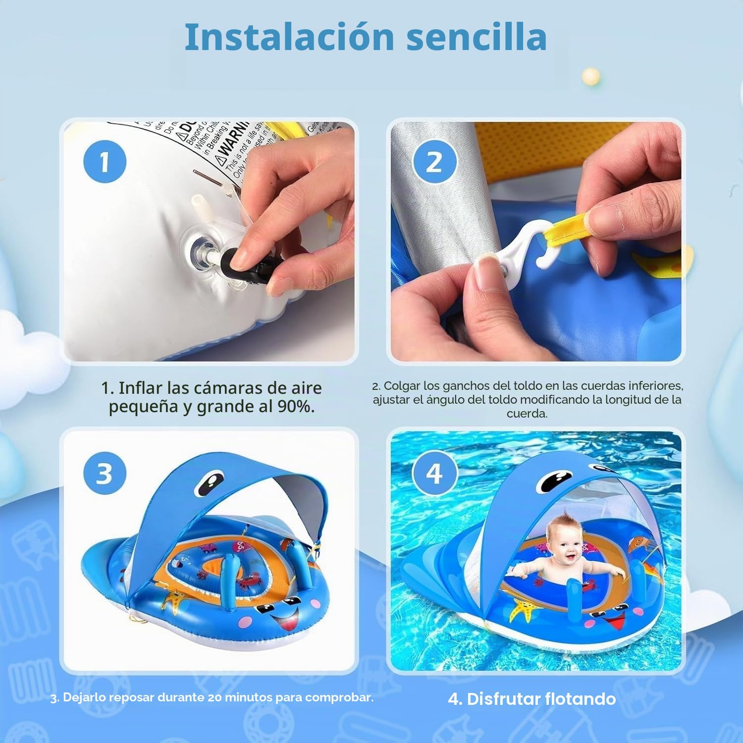 KAHEIGN Flotador de Piscina para Bebé con Toldo, 120CM x 105CM Flotador Inflable para Bebé Protección Solar UPF50+ con Asiento de Seguridad Ajustable para Recién Nacidos Niños Pequeños de 3 a 36 Meses