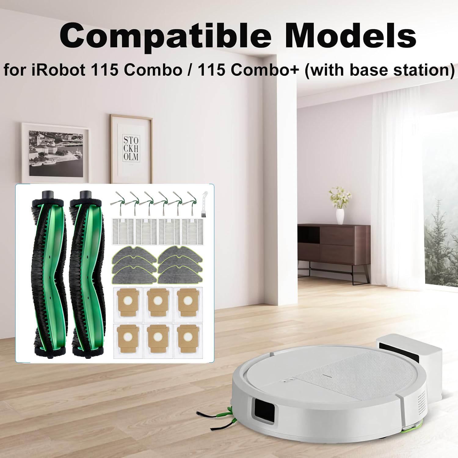 Confezione da 25 pezzi di ricambio compatibili con iRobot Roomba 115 Combo / 115 Combo+ Robot aspirapolvere, 2 spazzole a rullo, 4 filtri, 6 panni per mocio, 6 sacchetti per la polvere, 6
