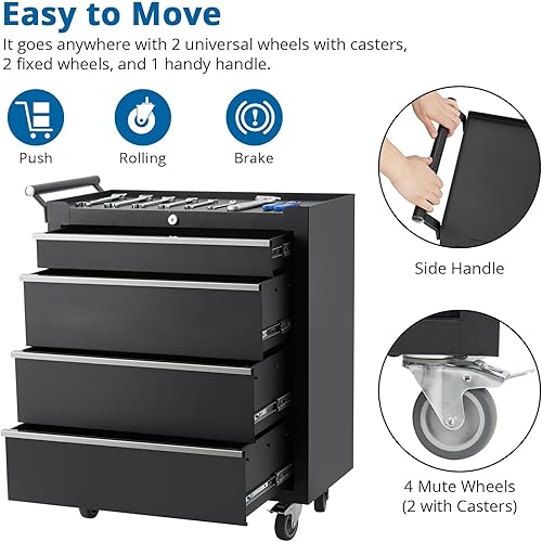 Miniatura 6 de PeakPursuit Cofre de herramientas con ruedas de 24 pulgadas y 4 cajones con sistema de bloqueo, caja de herramientas portátil con ruedas, armario de
