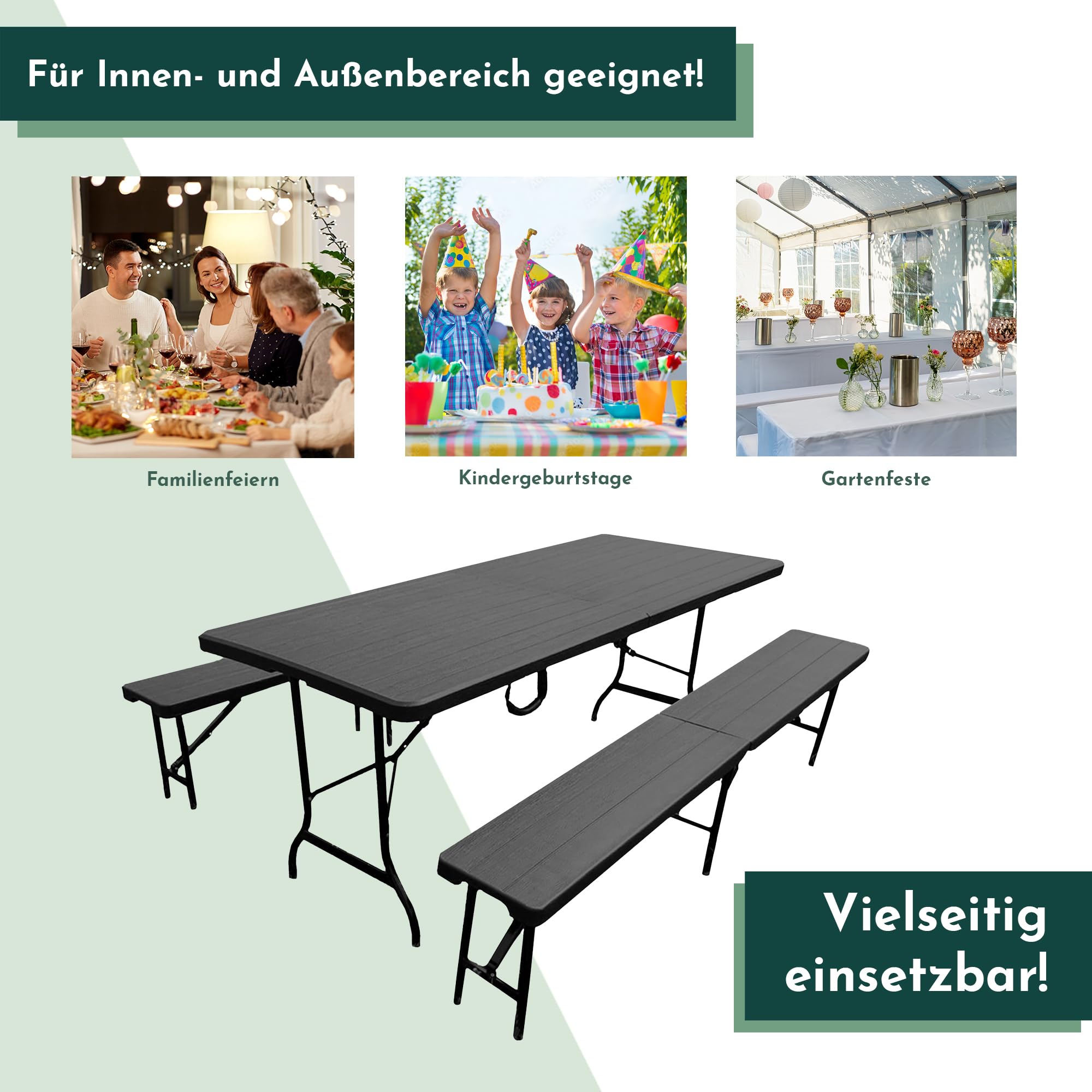 Lemodo Sitzgruppe bestehend aus Tisch und 2 Bänke Bierzeltgarnitur klappbar, 3-teilige Biertischgarnitur, einfach zu transportierende Bierbankgarnitur, Gartengarnitur