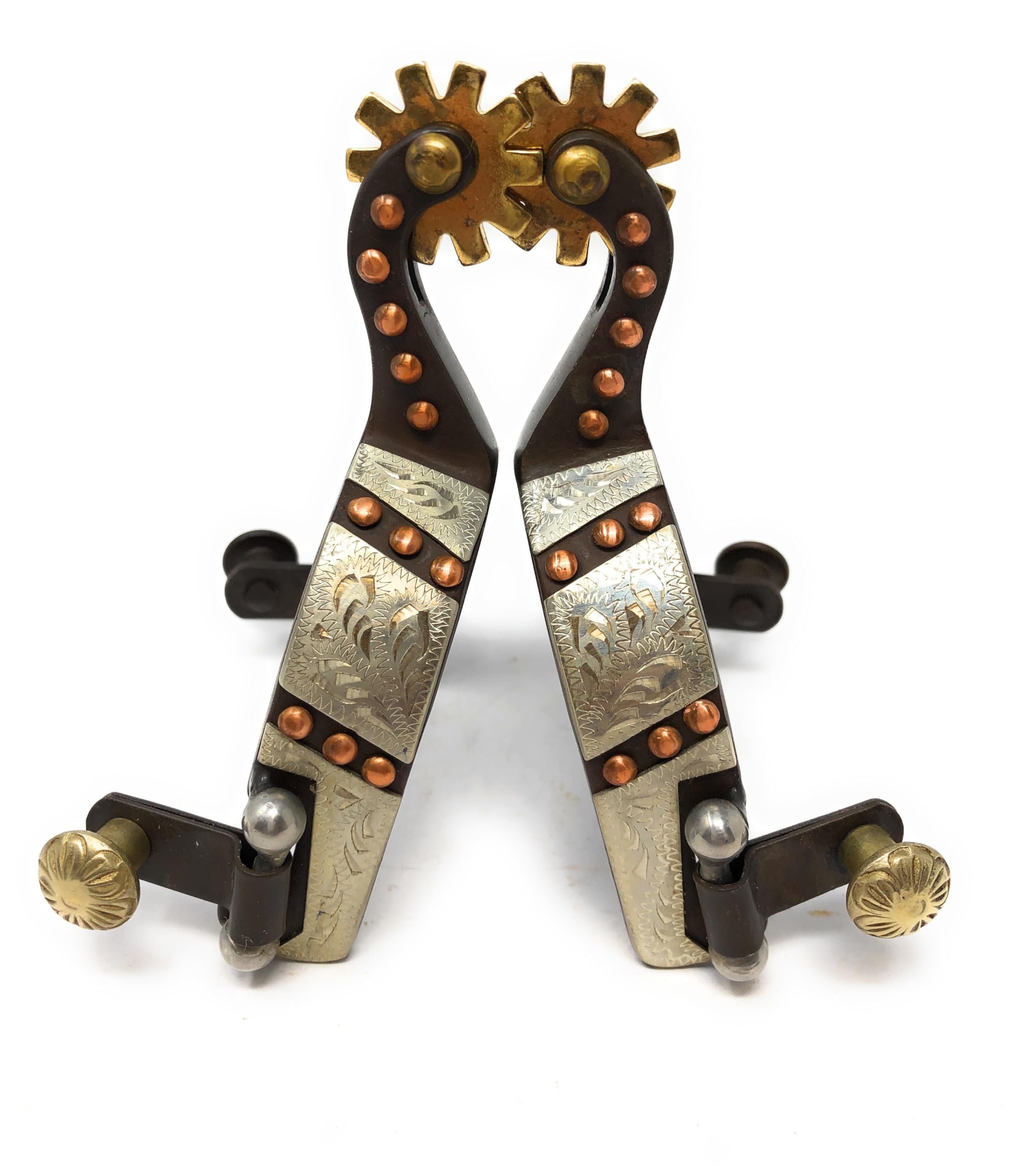AJ Tack Youth Antique Brown Western Engraved Spurs with Copper Dots