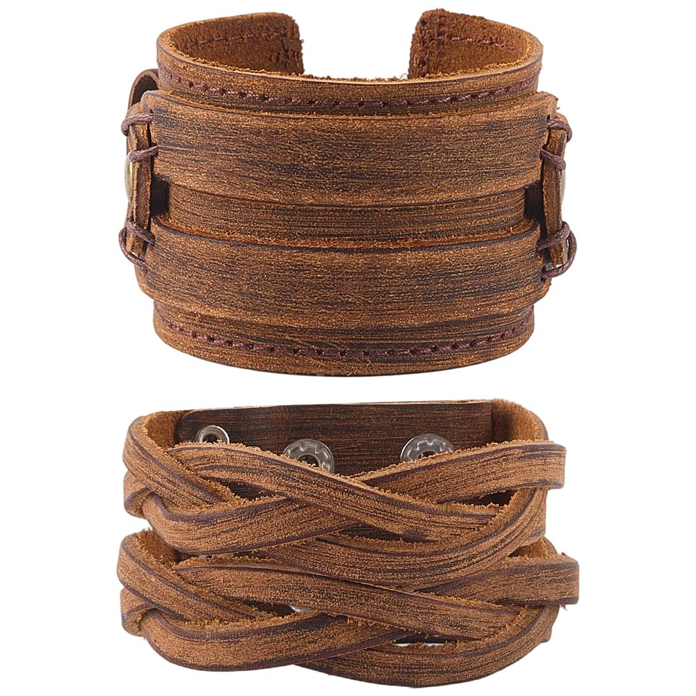 CALFOVERA CALFOVERA Pulsera Ancha de Cuero Genuino Estilo Punk, Brazalete de Piel de Vaca Trenzada Marrón, Ajustable, Estilo Nórdico Vintage, Estilo Motero, con Cierre para Hombres Y Mujeres