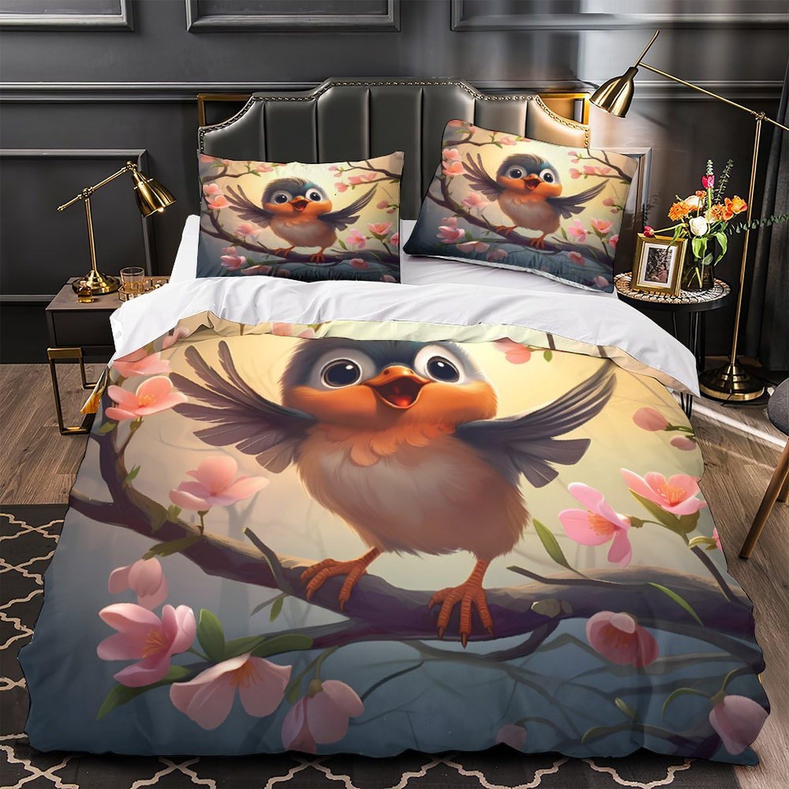 MMDASBVPE Cute Bird Perched Duvet Cover 3D Print All Season 3-Piece Bed Set Hidden Zipper Comforter Cover Premium Wrinkle-Resistant for Teens Adults Kids Women Girls Double（200x200cm）
