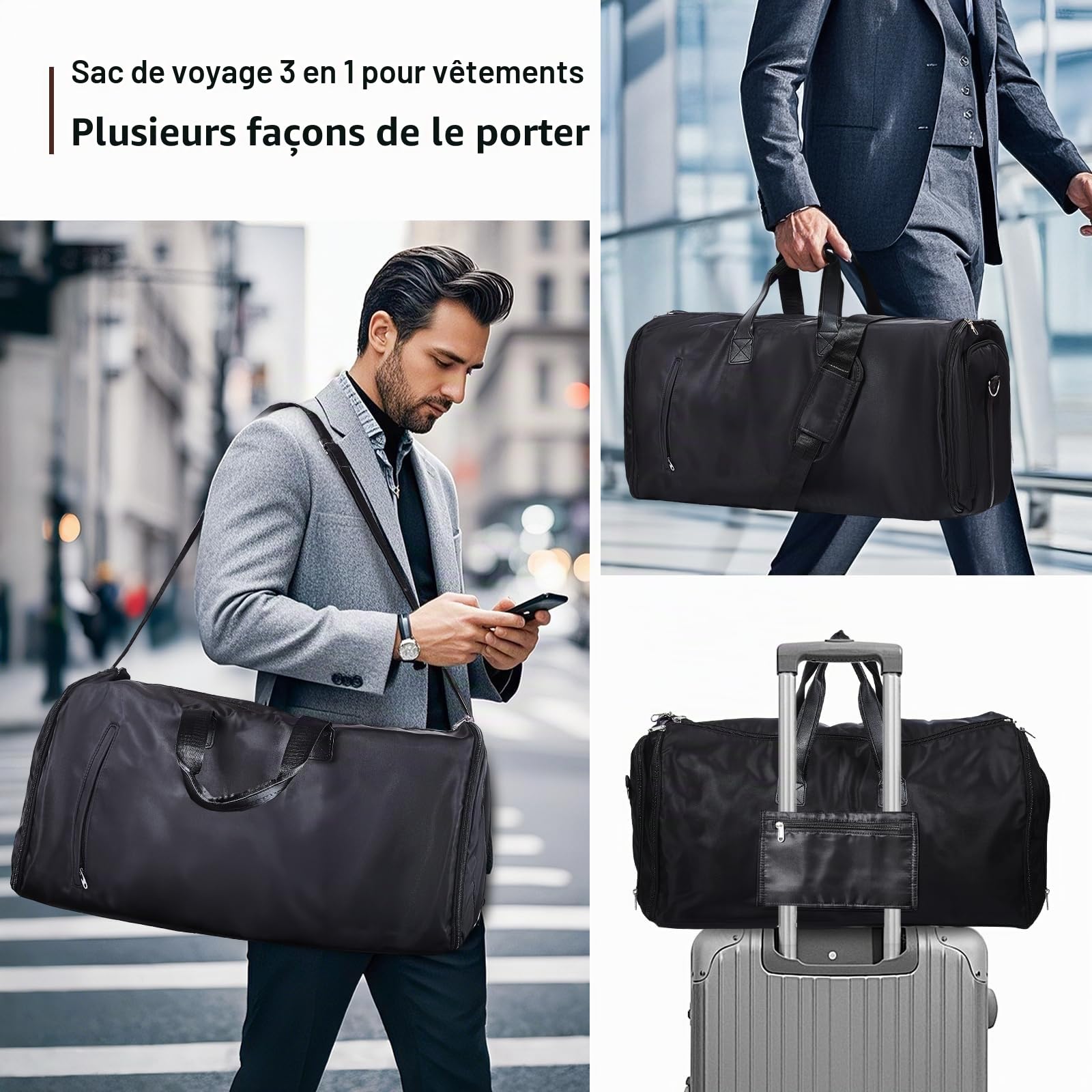 SINZUX 60L Housses de Costume de Voyage Housses de Vêtements avec bandoulière, 3 en 1 Convertible Housse Costume Homme, imperméable Sac de Sport Poches de Rangeme Sac de Protection pour Costumes