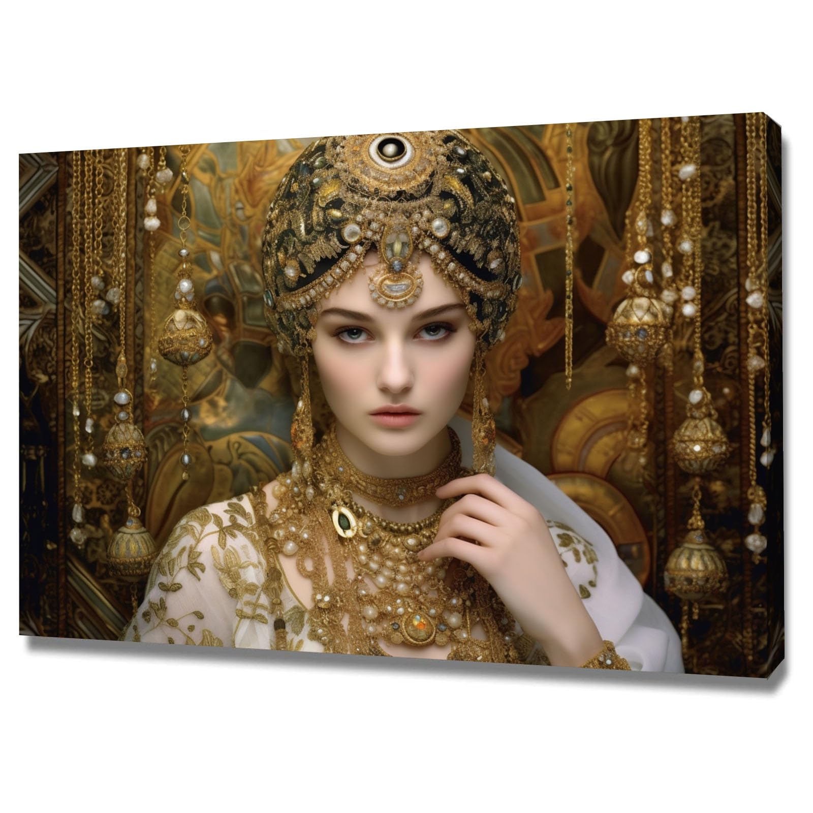TERUEA Canvas Wall Art Abstract Ornate Woman With Gold Jeweled Headdress And Jewelry Picture Prints for Girls Room Bedroom Wall Decor(Gold)-70x100cm Framed
