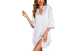 Silky Satin Sleepwear: V-Neck Nightie Nightgown with Button-Down Front and Pockets