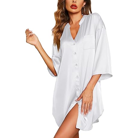 Silky Satin Sleepwear: V-Neck Nightie Nightgown with Button-Down Front and Pockets
