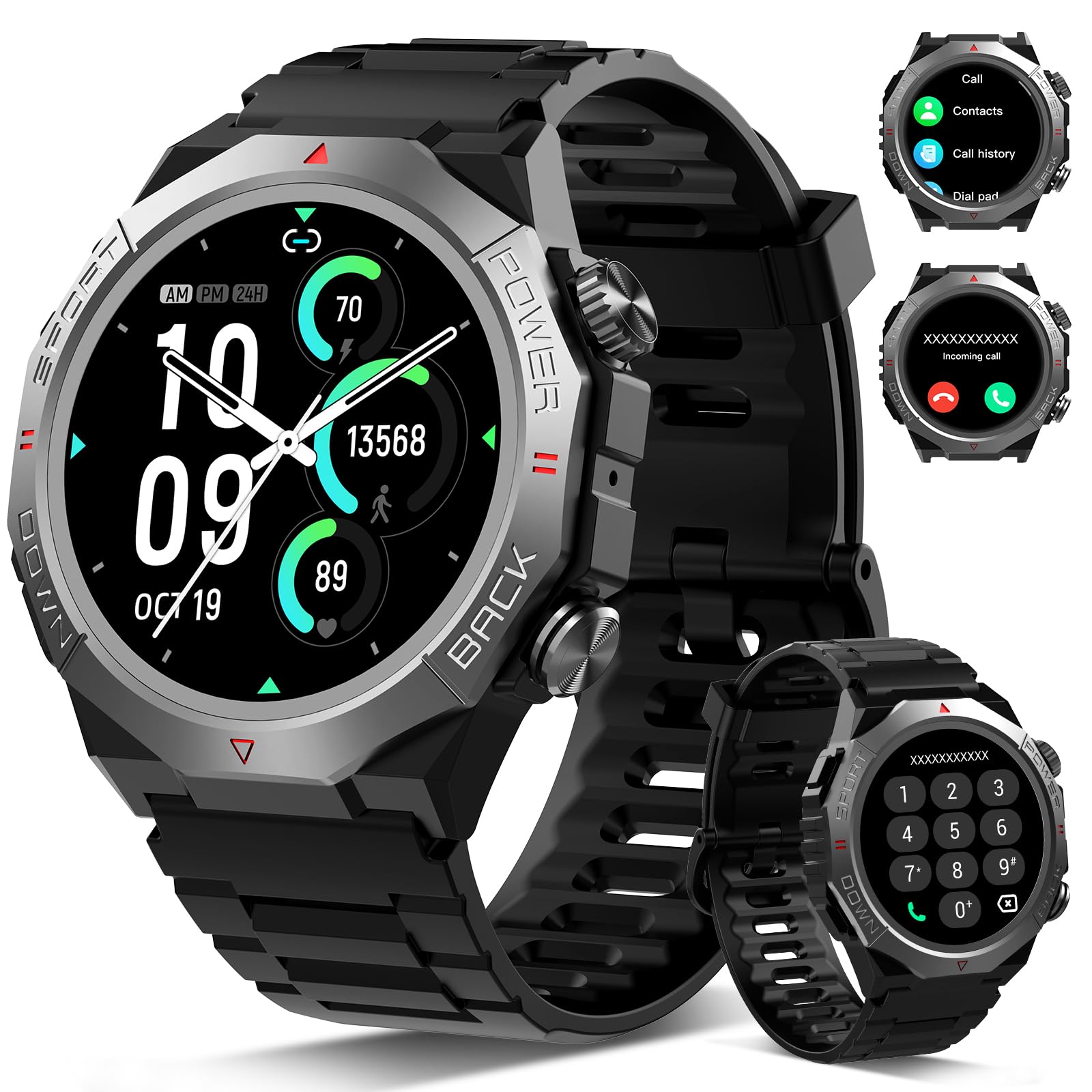 Smartwatch Uomo Donna con Effettua o Risposta Chiamate, 1.39" Militare Orologio Smartwatch, Sonno Cardiofrequenzimetro, 110+ Modalità Sportive Fitness Tracker, IP68 Smart Watch Android iOS, Nero
