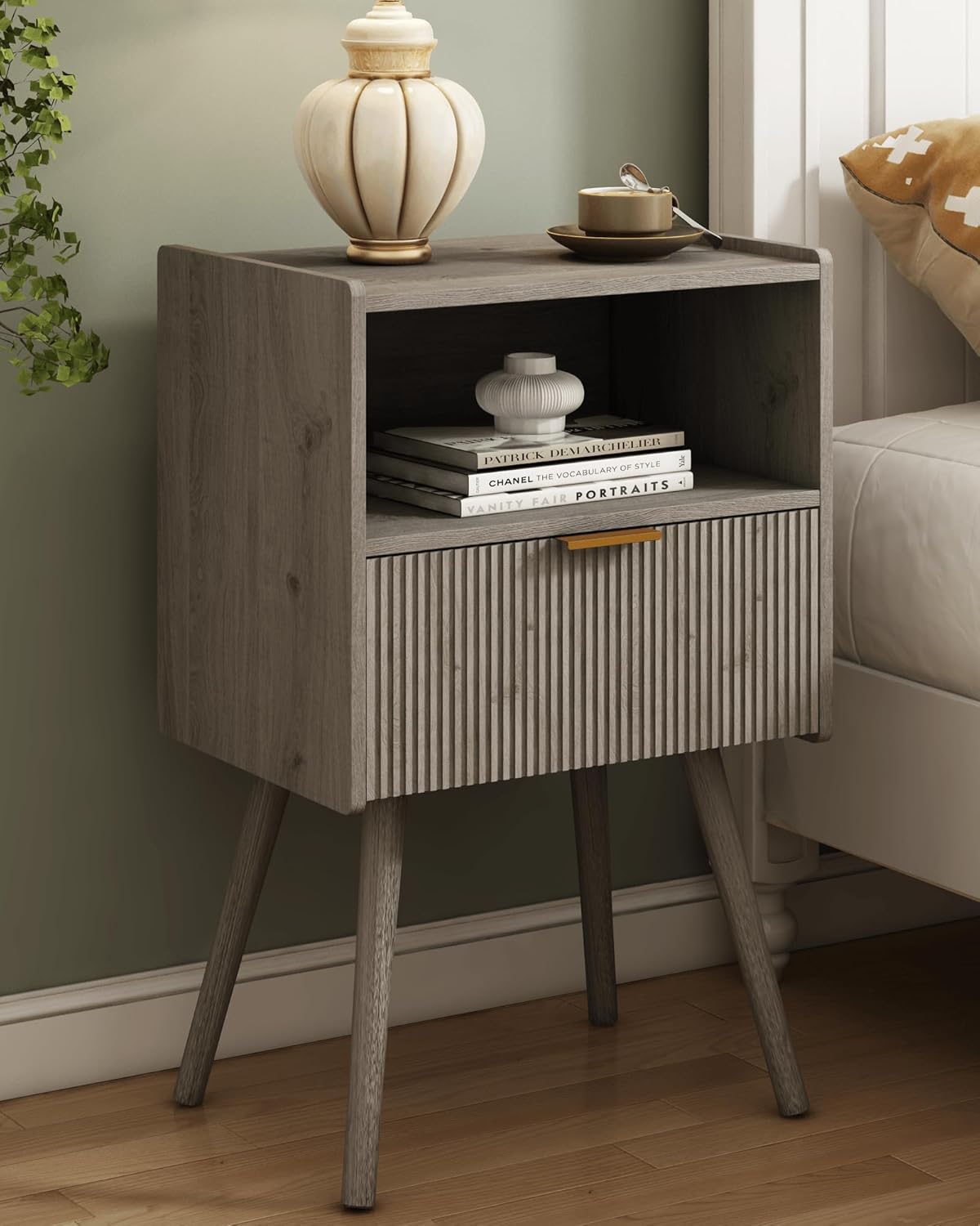 Photo 1 of Nightstand,Modern Bedside Table with Storage Drawer and Open Wood Shelf, for Living Room, Bedroom and Small Spaces, Accent Night Stand with Solid Wood Legs, Easy Assembly,Grey Oak