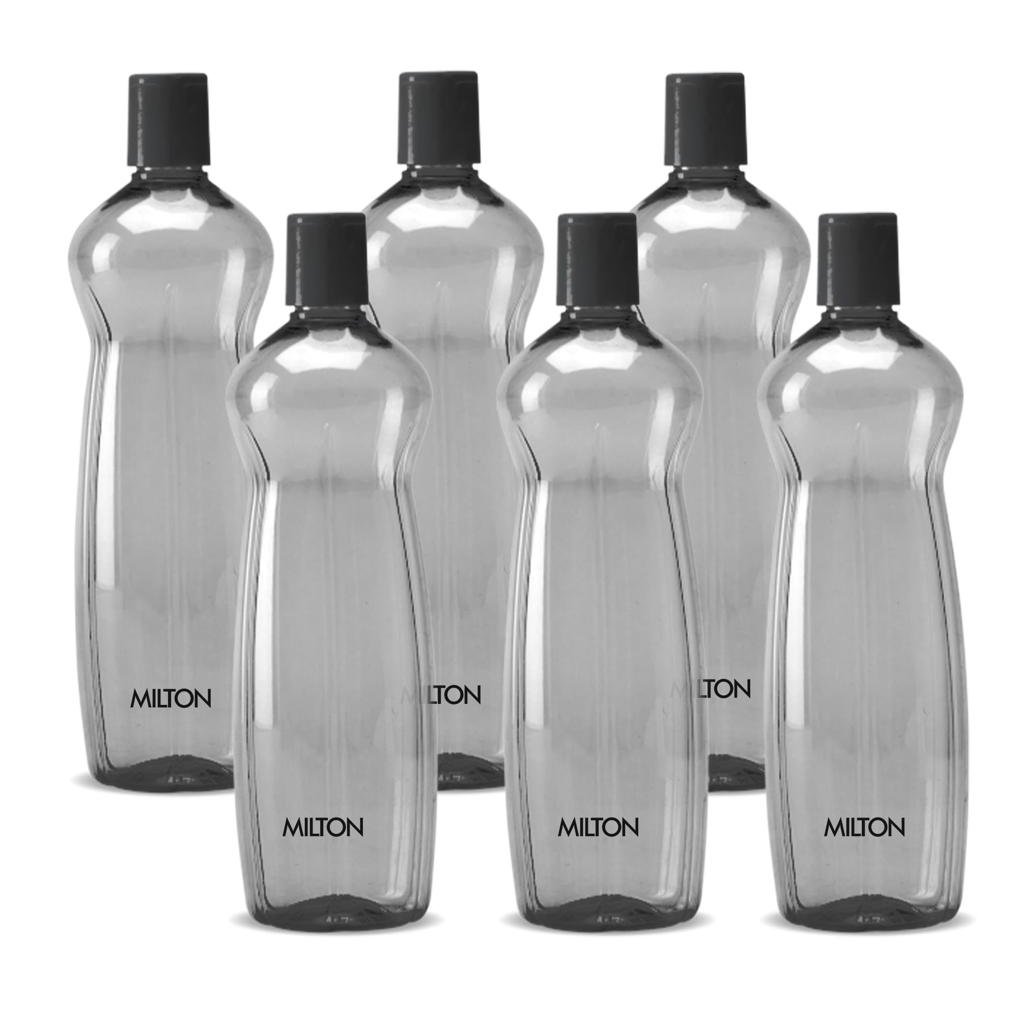 MILTON Pacific Pack of 6 Water Bottles, 1 Litre Each, Reusable Plastic Fridge Bottle Set, BPA Free and Leak Proof Bottles for Travel, Work, Black