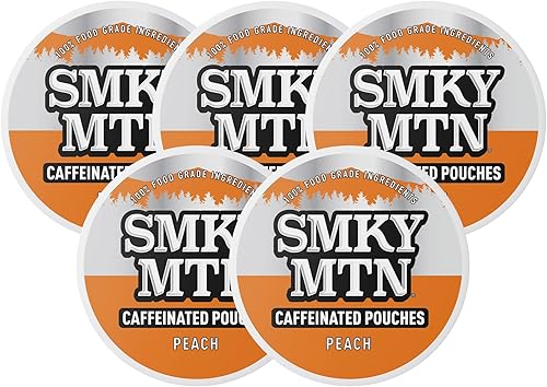 SMOKEY MOUNTAIN Bolsas con cafeína - Melocotón - Sin tabaco y sin nicotina - 5 latas - 15 bolsas por lata