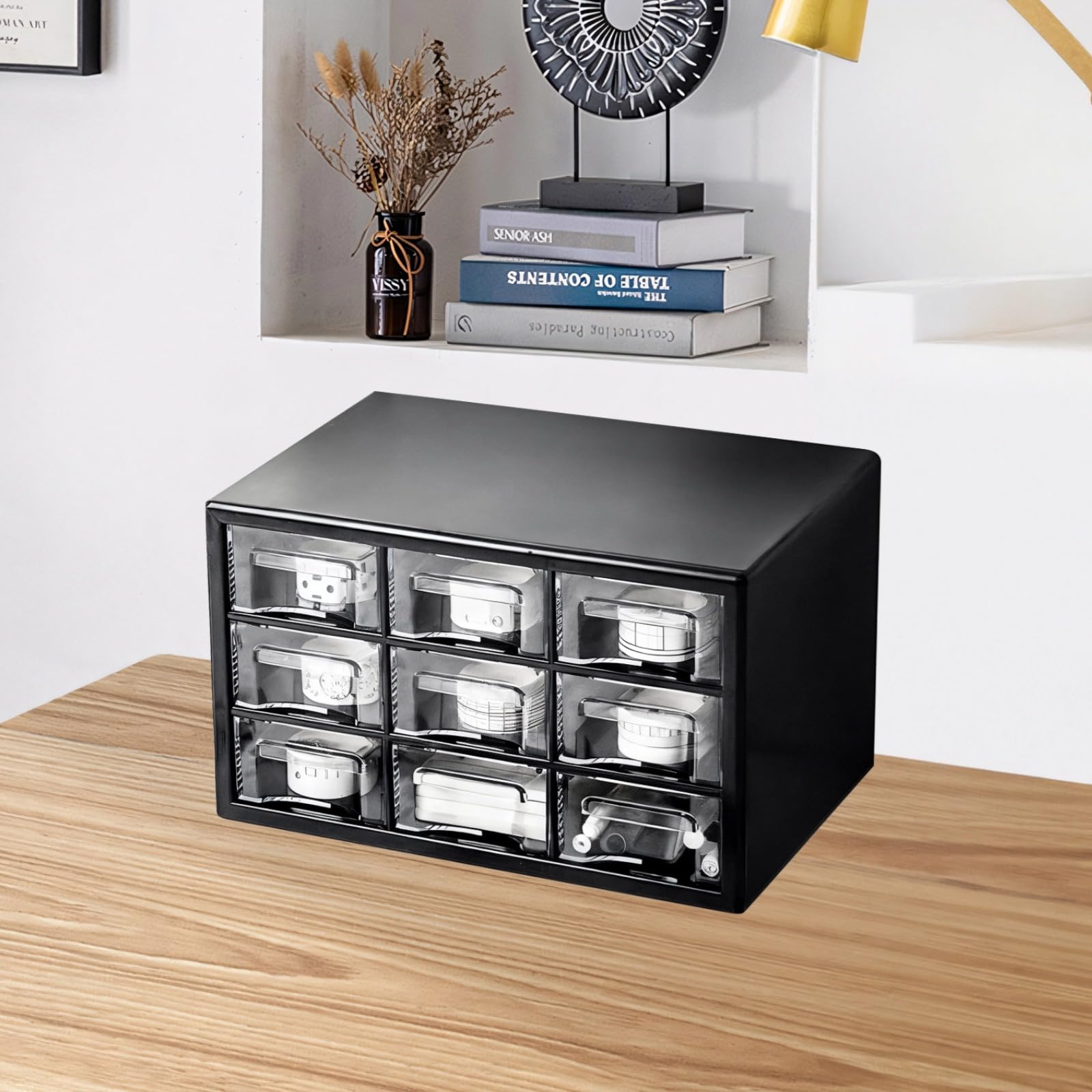 Organizador de escritorio con diseño de 9 cajones, caja de almacenamiento grande de plástico negro, apilable y de montaje en pared, para oficina y hogar, organizador compacto a prueba de polvo con
