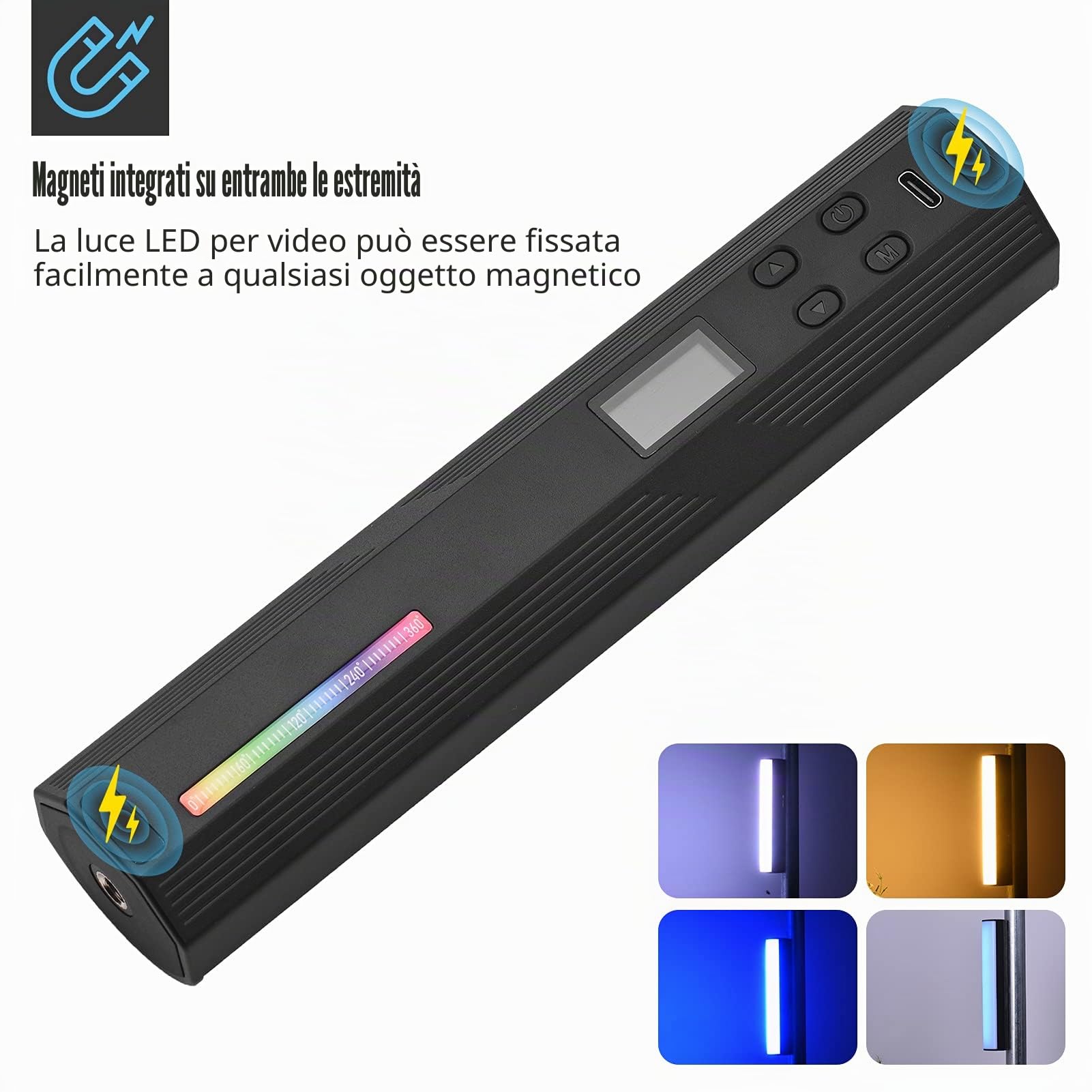 Andoer W200RGB - Luce video LED, barra luminosa per fotografia ecargabile, luce di riempimento RGB 2500 K-9000 K, dimmerabile, CRI95 + schermo LCD posteriore magnetico con treppiede per Vlog Live