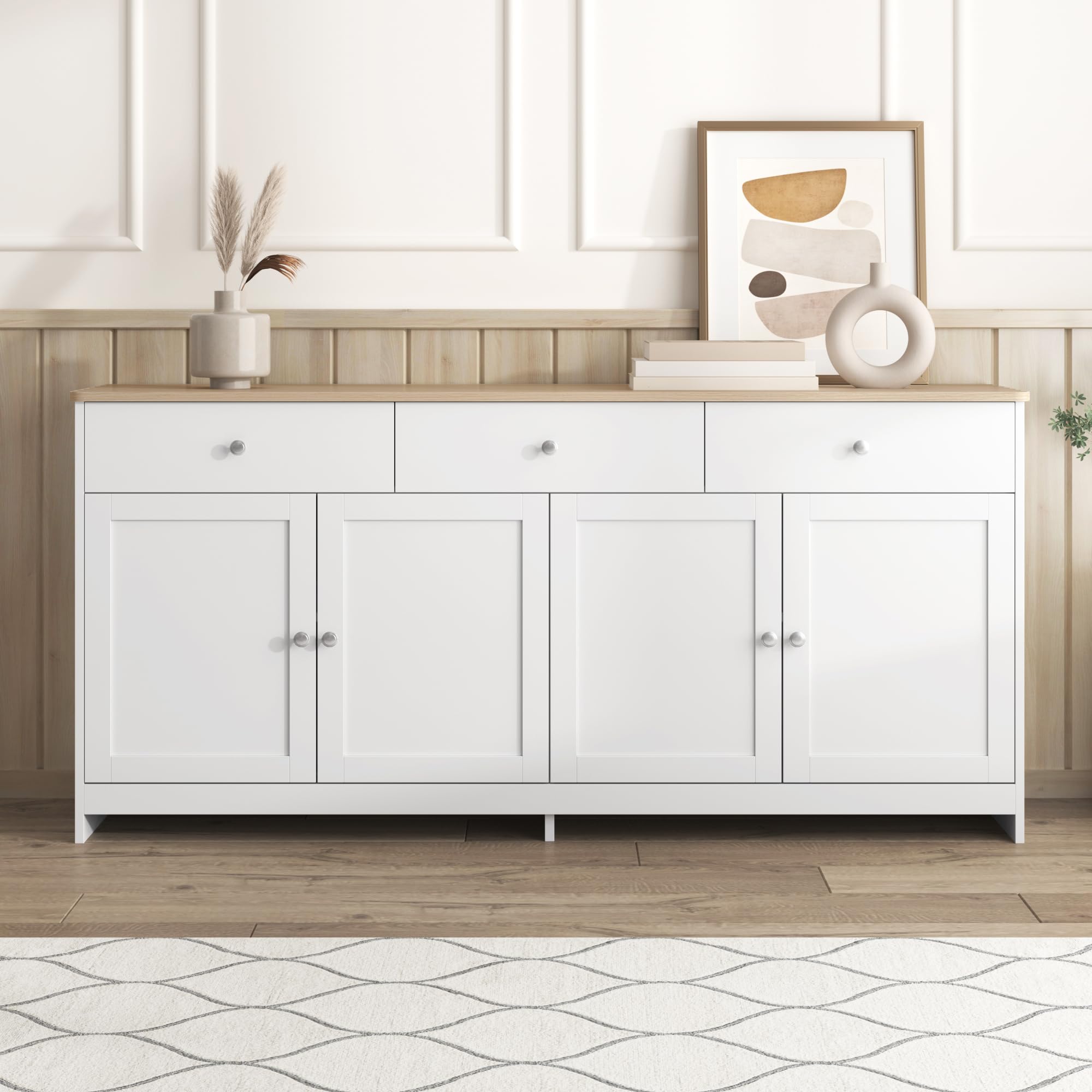 Aparador Cocina, Aparador Mueble de Cocina, Buffet Comedor Salon con 4 Puertas, Modern Mueble Auxiliar para Buffet, Vitrina con Estantes Regulables para Dormitorio y Salón, Blanco, 160x37x75cm