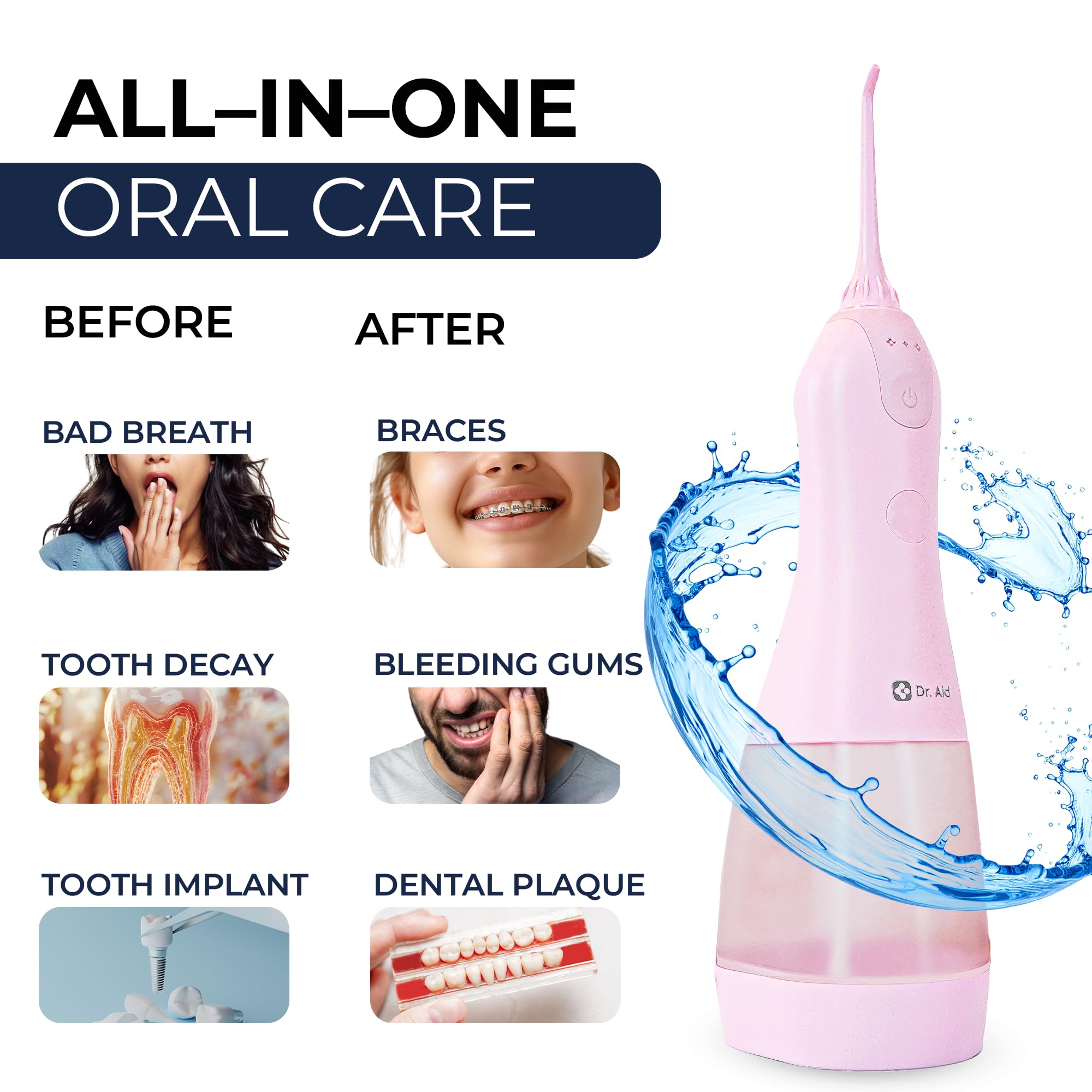 Dr. Aid Irrigador bucal dental – Irrigador oral portátil – Tanque de 11 onzas, filtro de agua, 5 puntas, cargador magnético – Irrigador bucal inalámbrico impermeable IPX8, hilo dental ideal para