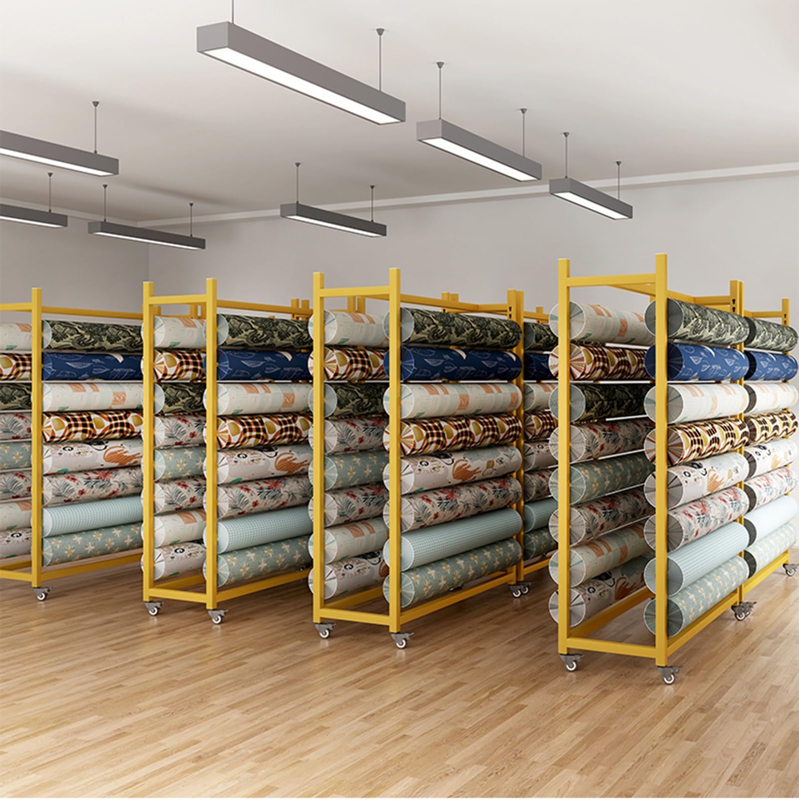 Genérico Expositor Comercial Ajustable con Ruedas para Rollos de Tela - Organizador metálico Resistente para Rollos de Vinilo, vinilos para vehículos y manteles - Acabado Dorado (8 Varillas, 180 x 50