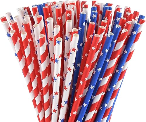 ALINK Pajitas de papel con bandera estadounidense, color rojo, azul y blanco, 100 pajitas biodegradables a rayasestrella para el Día de los Caídos,