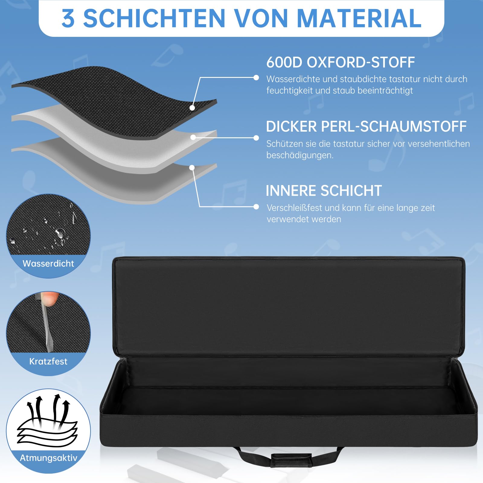 OUUTMEE 88 Keyboard Tasche Zwei Möglichkeiten Zum Tragen,136 x 18 x 34 cm Keyboard Piano Tasche,600D Waterproof Oxford Cloth Piano Tragetasche,Schwarz